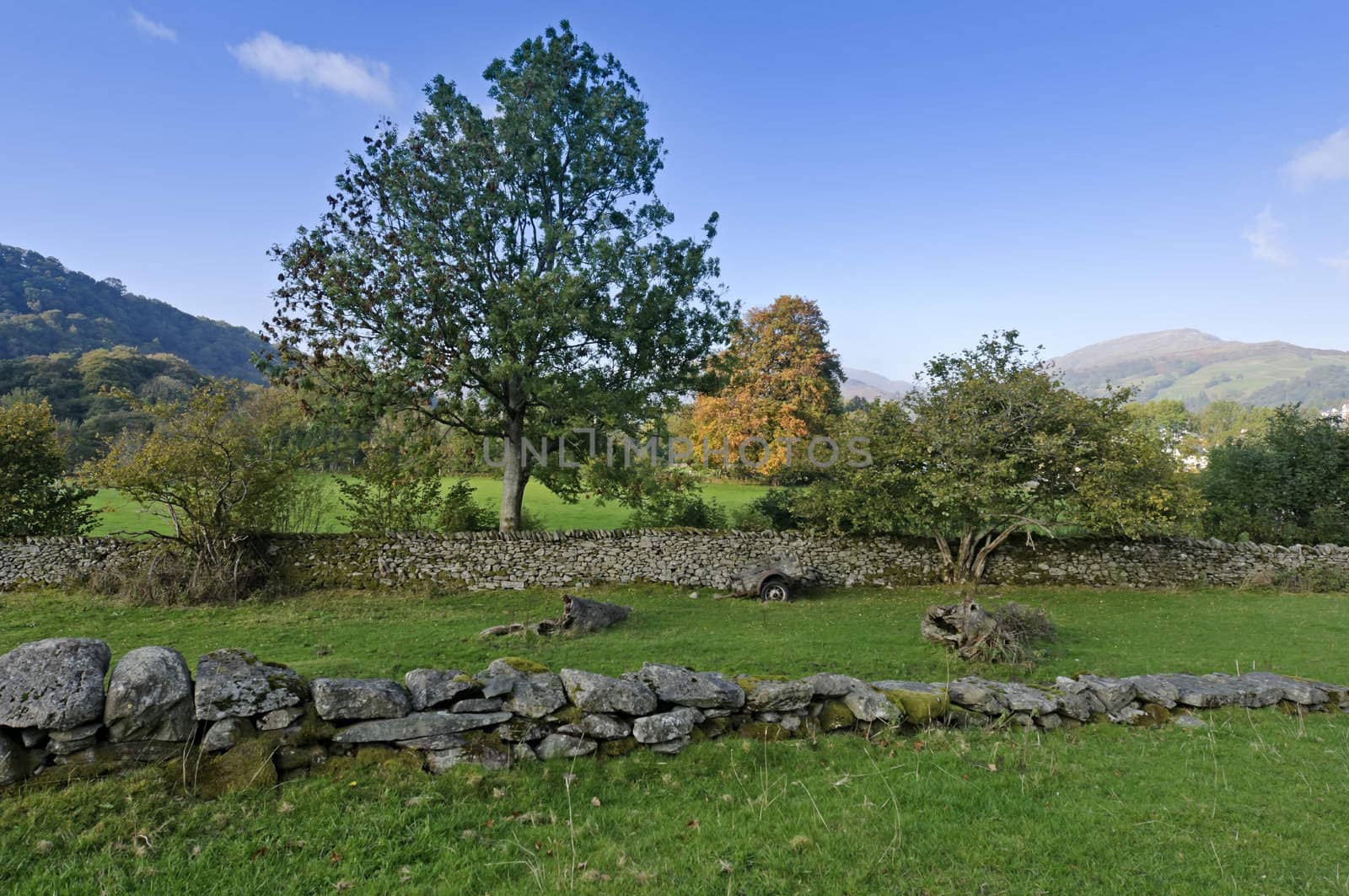 View from Galava Roman Fort in Borrans Field Ambleside Lake District National Park Cumbria England