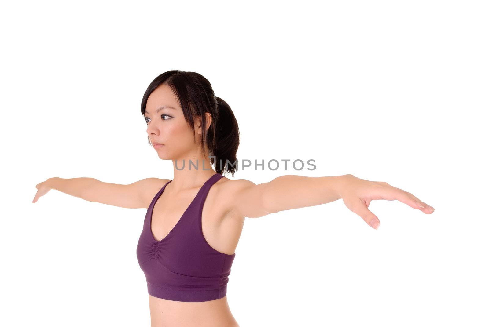 Yoga, Asian woman doing exercise isolated over white.