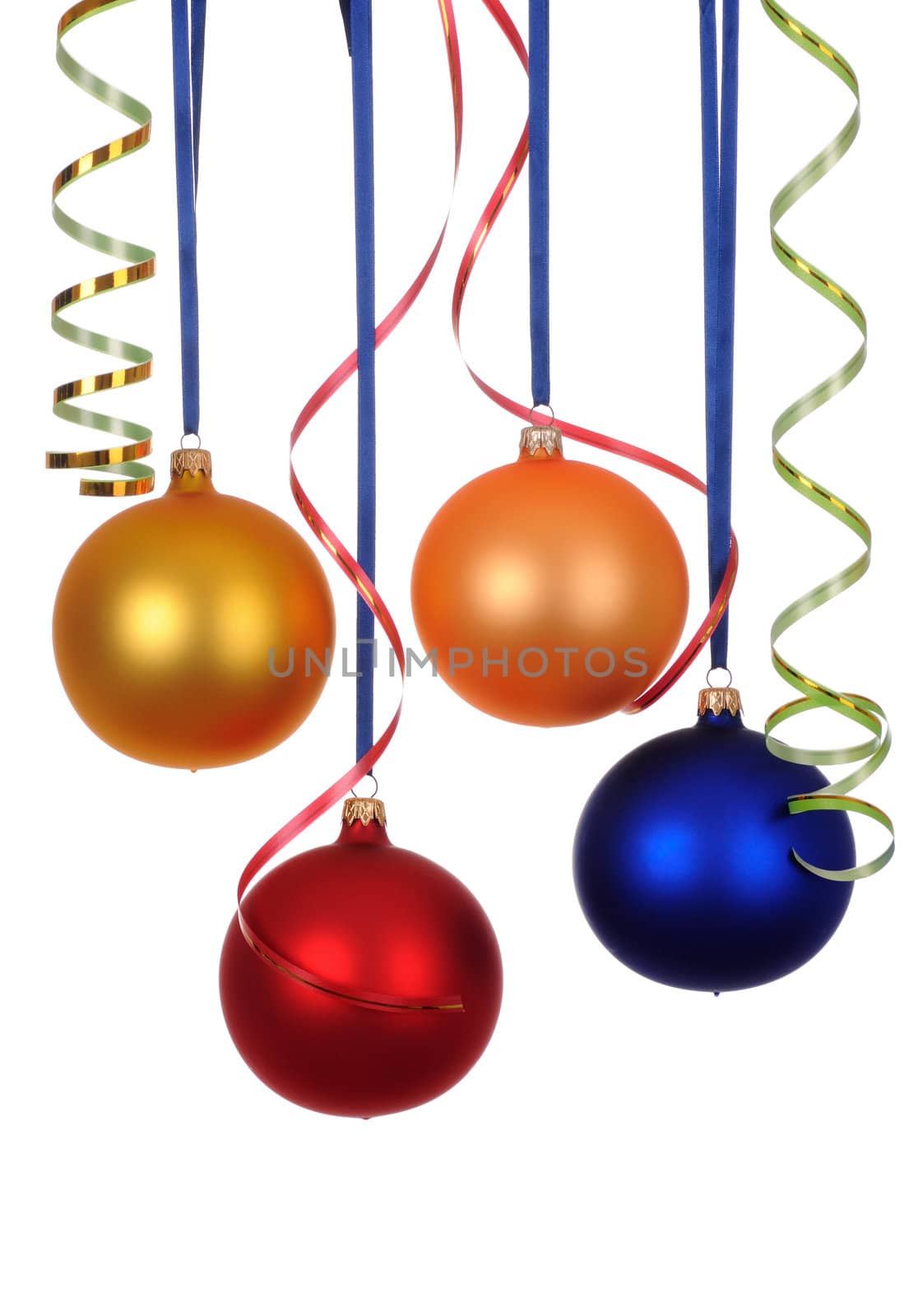 multicoloured christmas decorations with ribbon isolated on white background