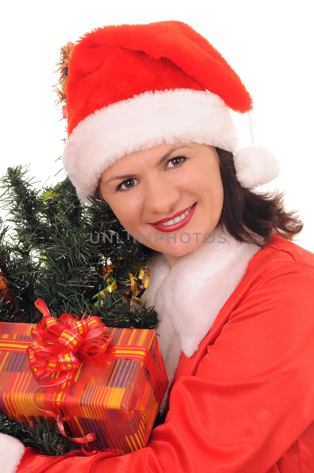 woman santa with christmas fir-tree isolated on white background