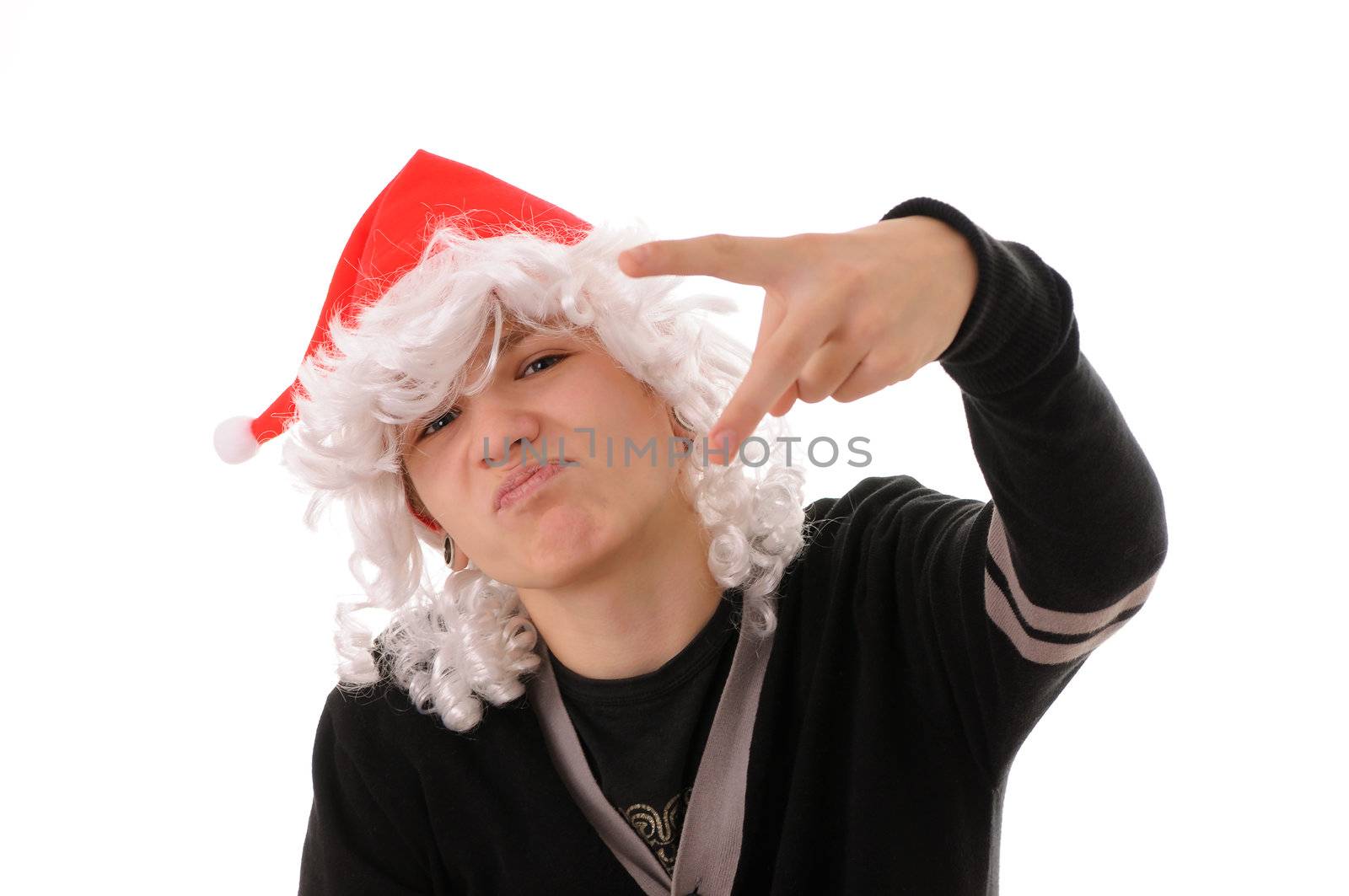 teenager in hat santa claus isolated on white background