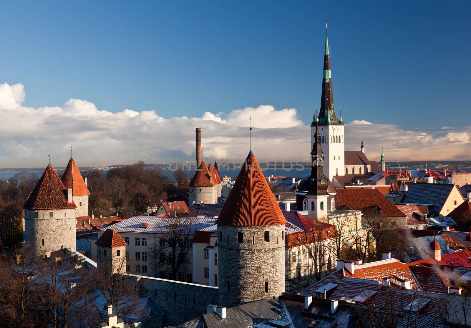 Overview of Tallinn in Estonia taken from the overlook in Toompea showing the town walls and churches