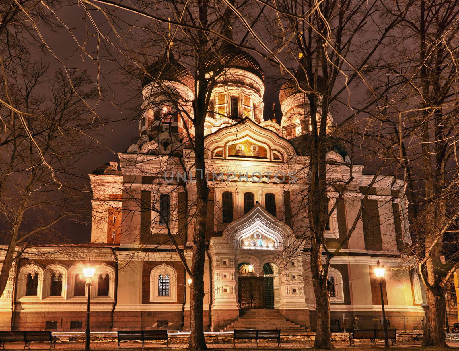 Greek Orthodox cathedral of Alexander Nevsky in Tallinn Estonia at night