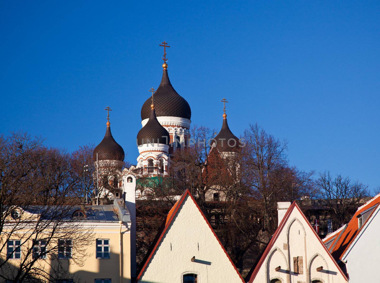 Greek Orthodox cathedral of Alexander Nevsky in Tallinn Estonia over the tops of old houses and the town wall