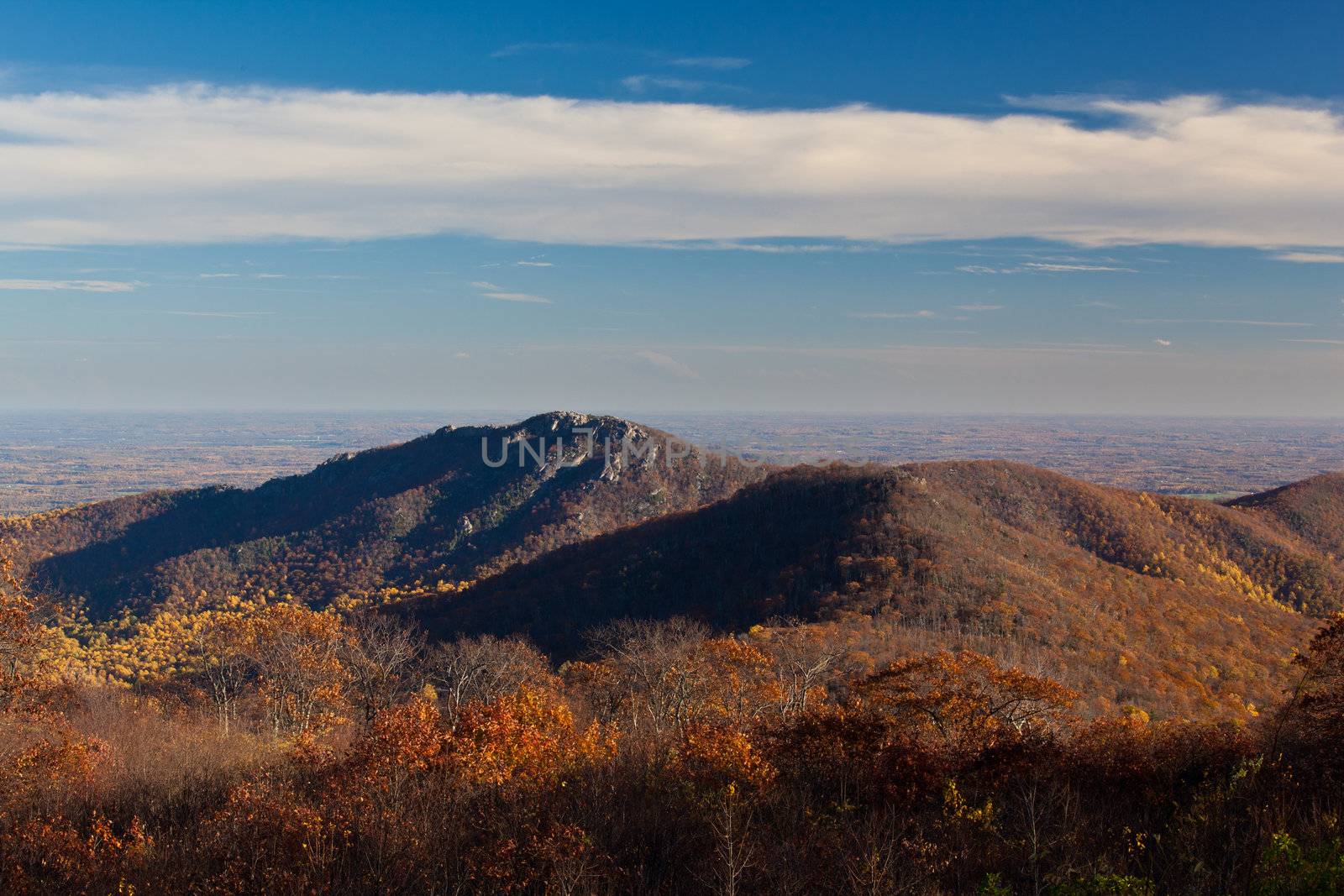 View of Old Rag in Shenandoah from Skyline drive in the late fall as the sun is low in the sky