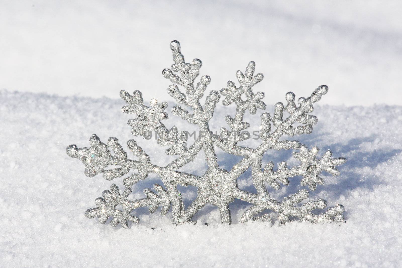 beautiful silver snowflake in snow by photochecker