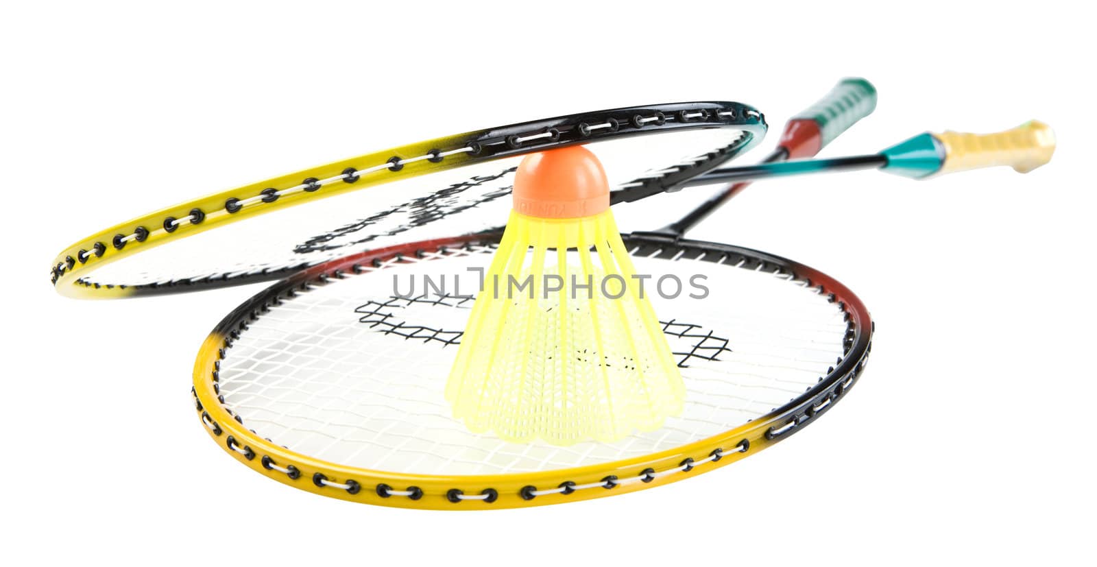 Badminton racquets with shuttlecock isolated. Clipping path