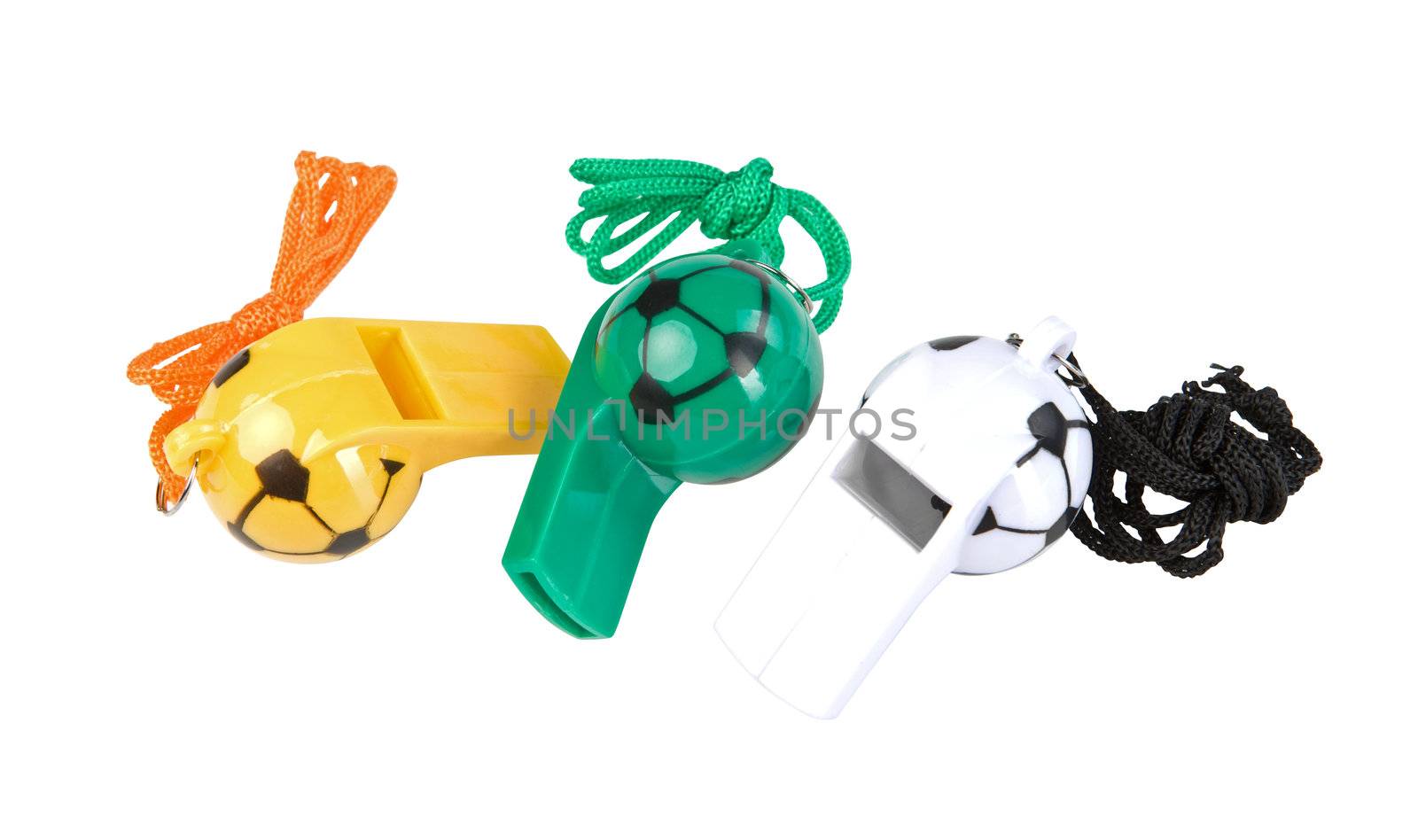 Three referee whistle isolated on white. Clipping paths