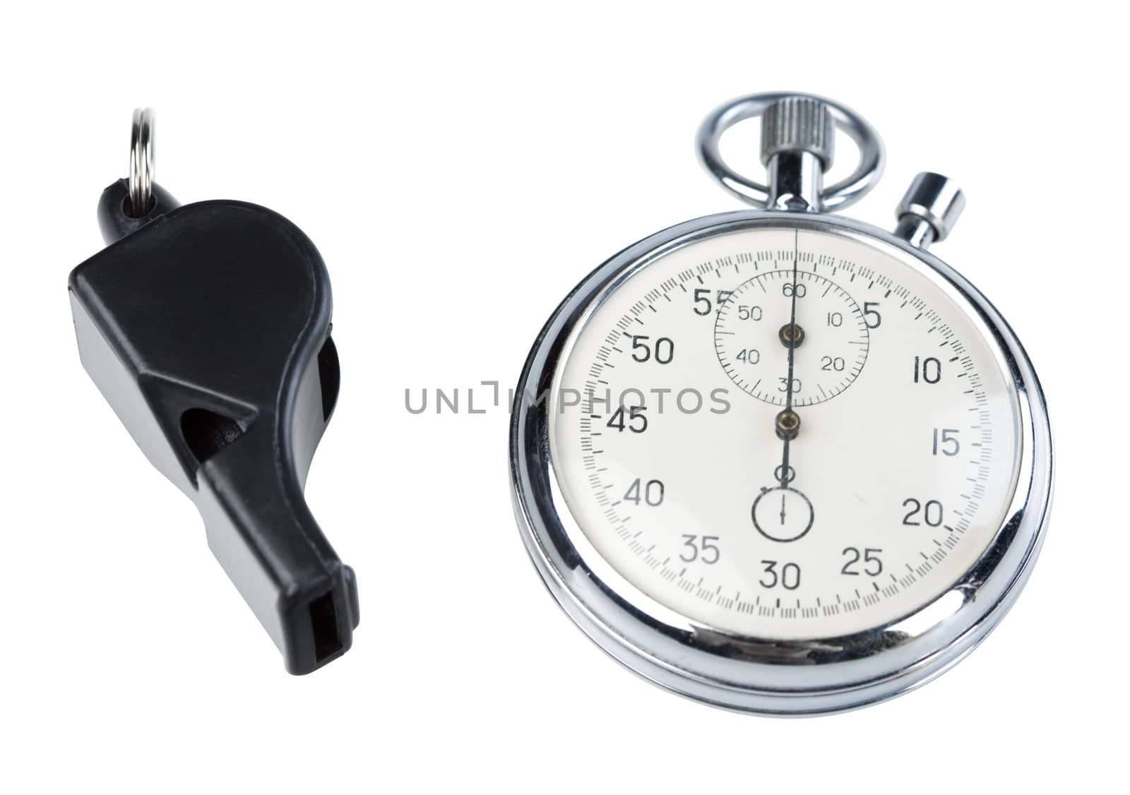 Whistle and stopwatch isolated on white. Clipping paths