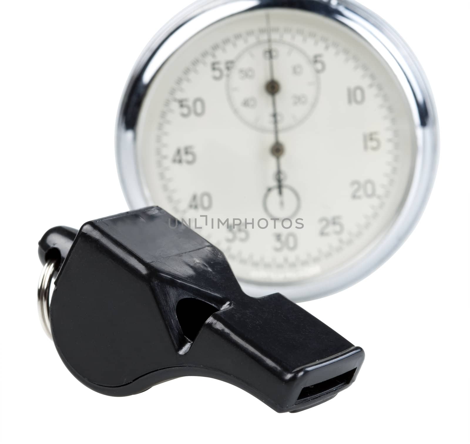 Whistle and stopwatch isolated on white. Clipping paths