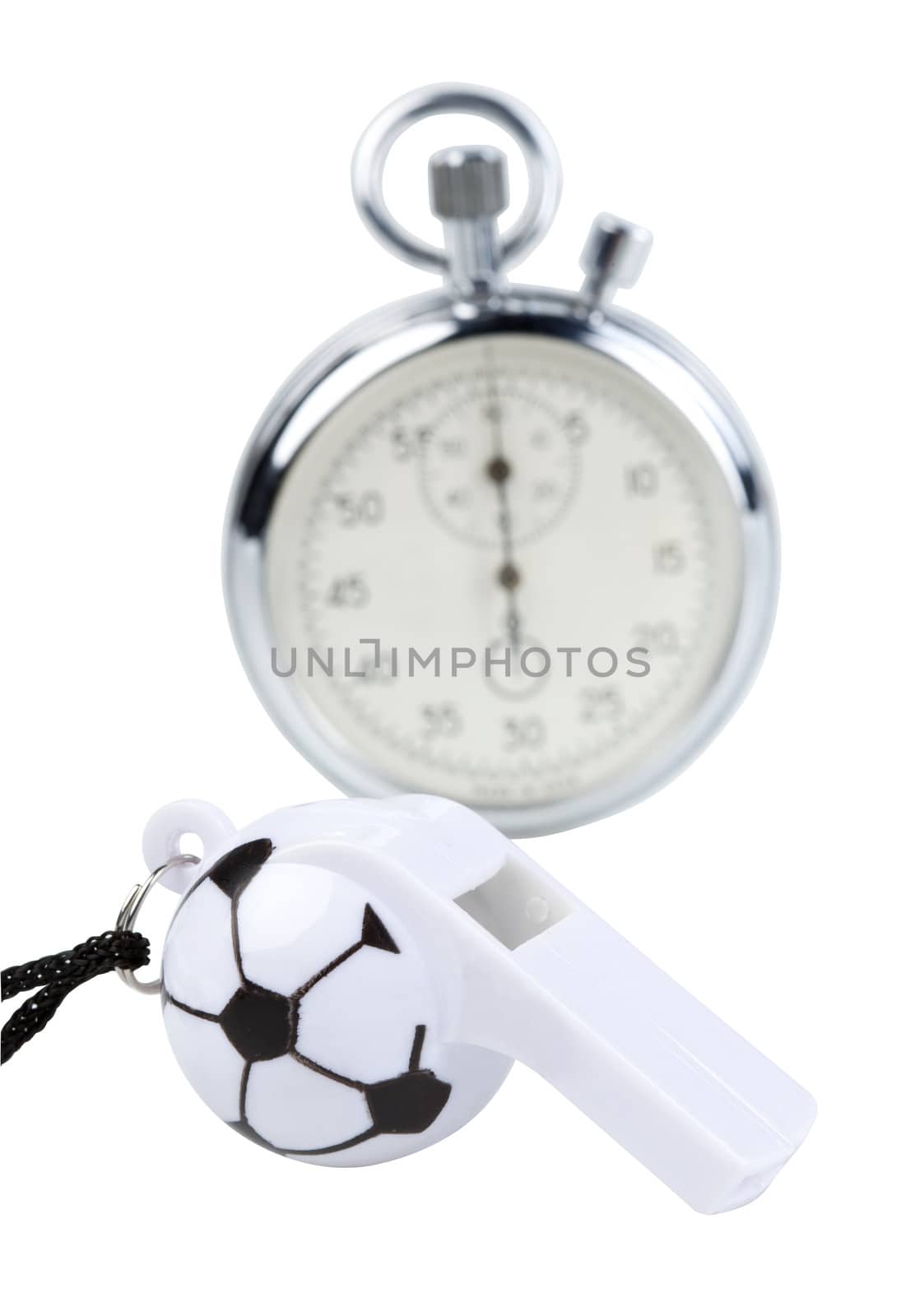 Whistle and stopwatch isolated on white. Clipping paths