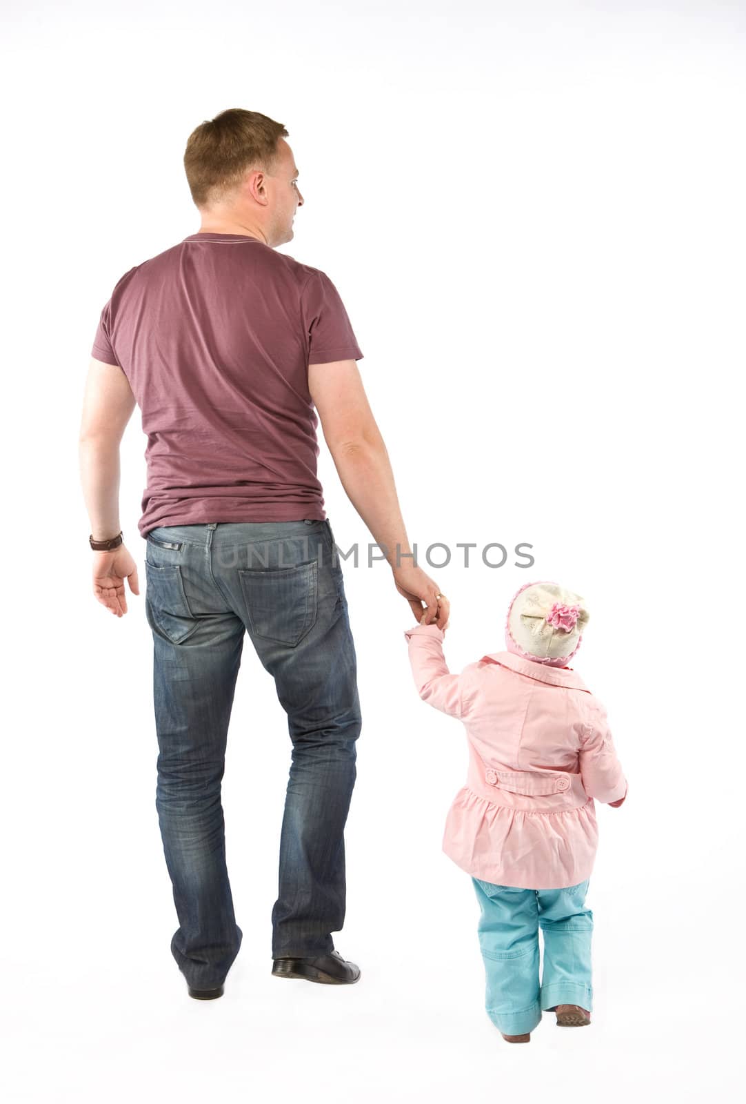 Walking father with daughter. Isolated on white