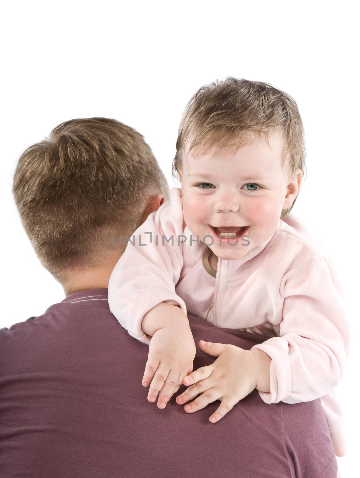 Smiling daughter with father. Isolated on white