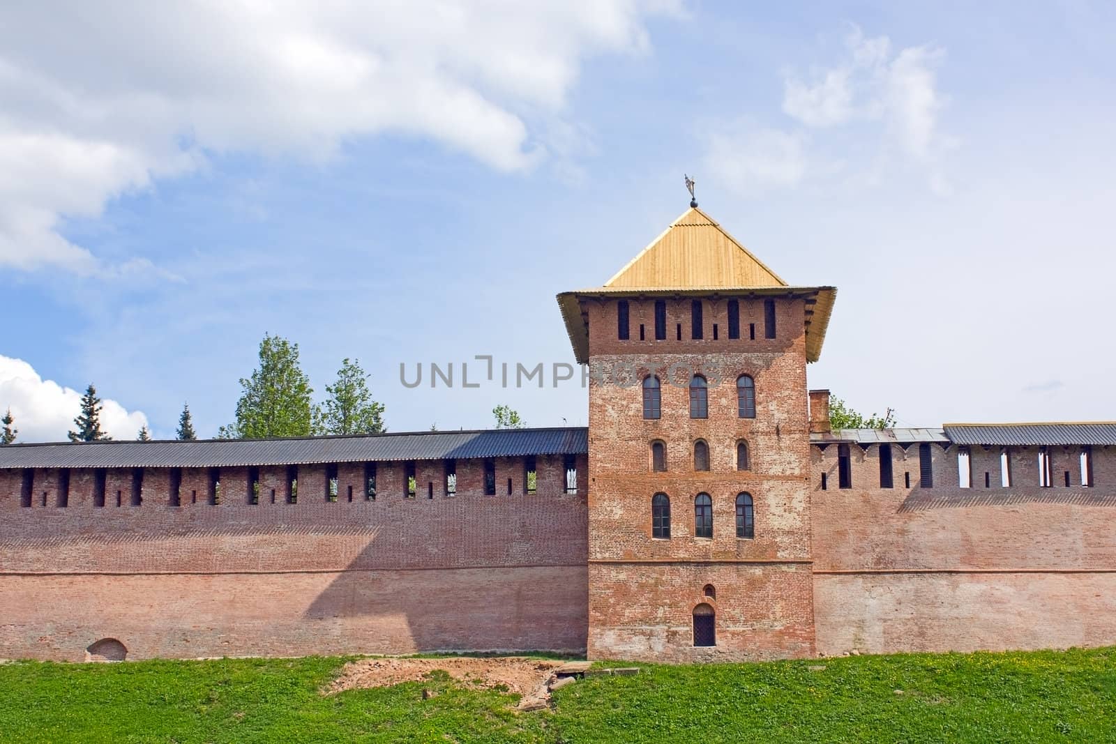 View of the old tower and wall of Novgorod Kremlin, Russia.