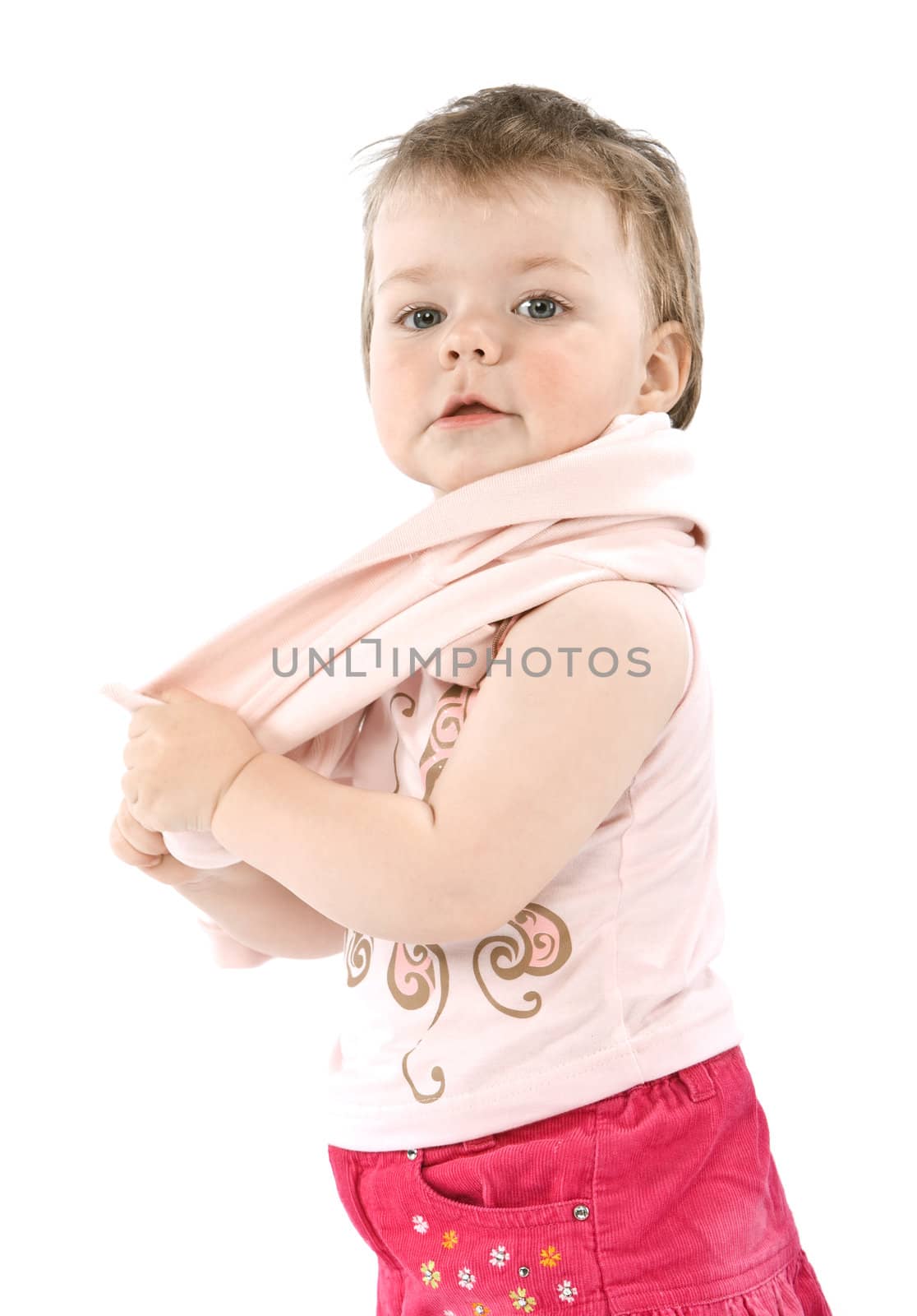 Child with pink jacket. Isolated on white