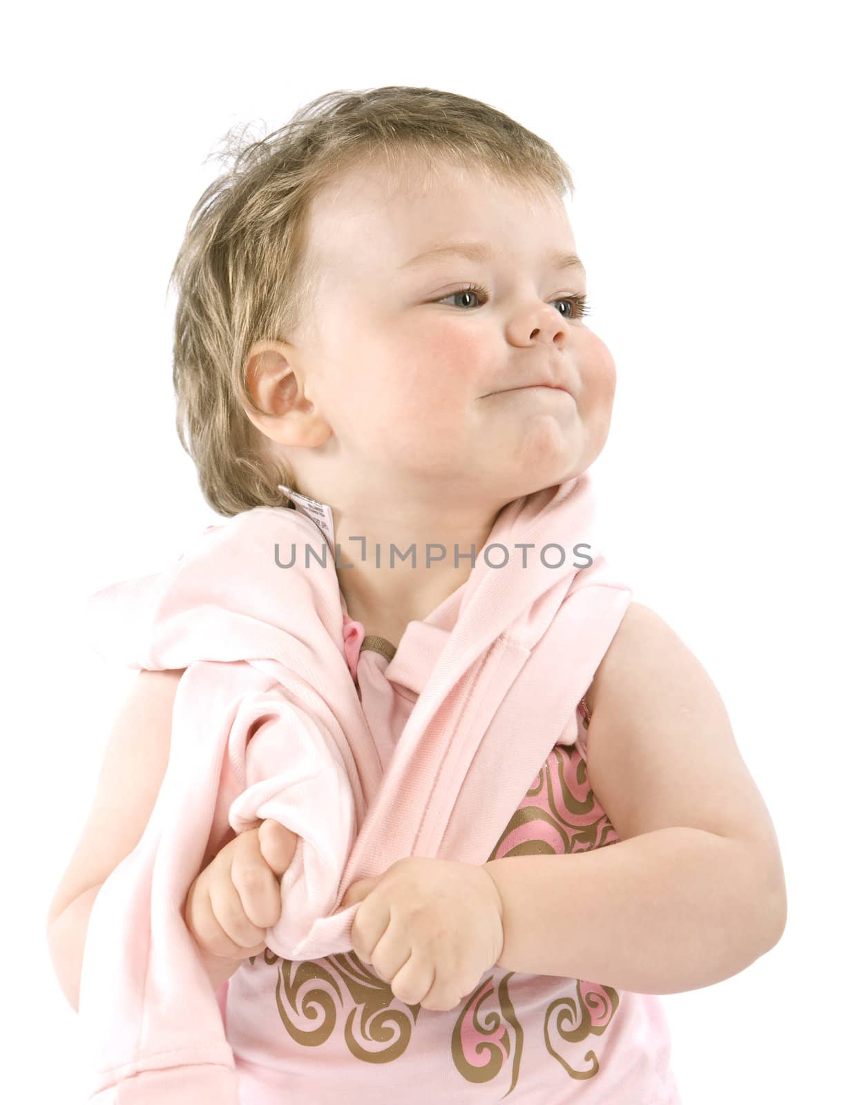 Child with pink jacket. Isolated on white