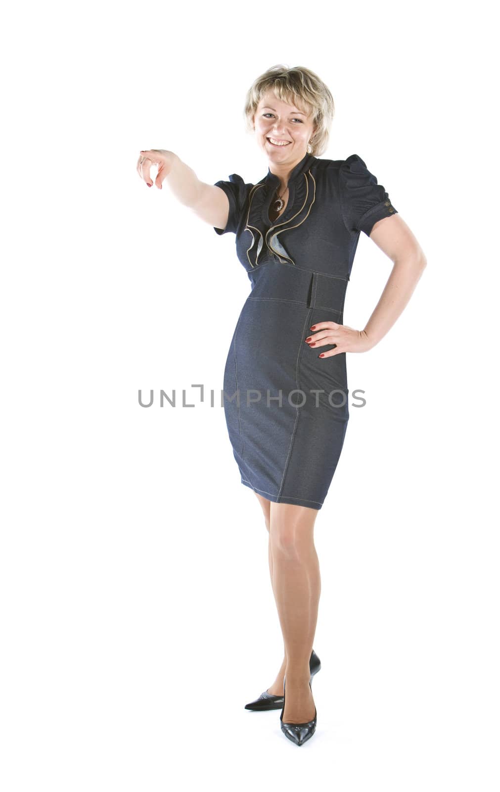 Women in the blue dress isolated on white