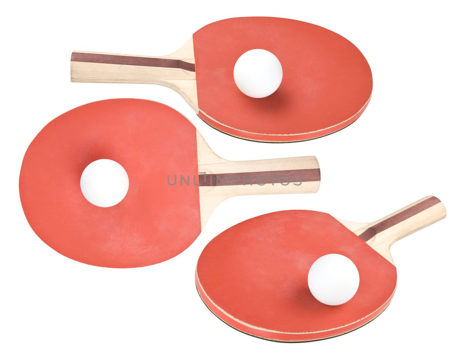 Three ping pong rackets with ball isolated. Clipping pats
