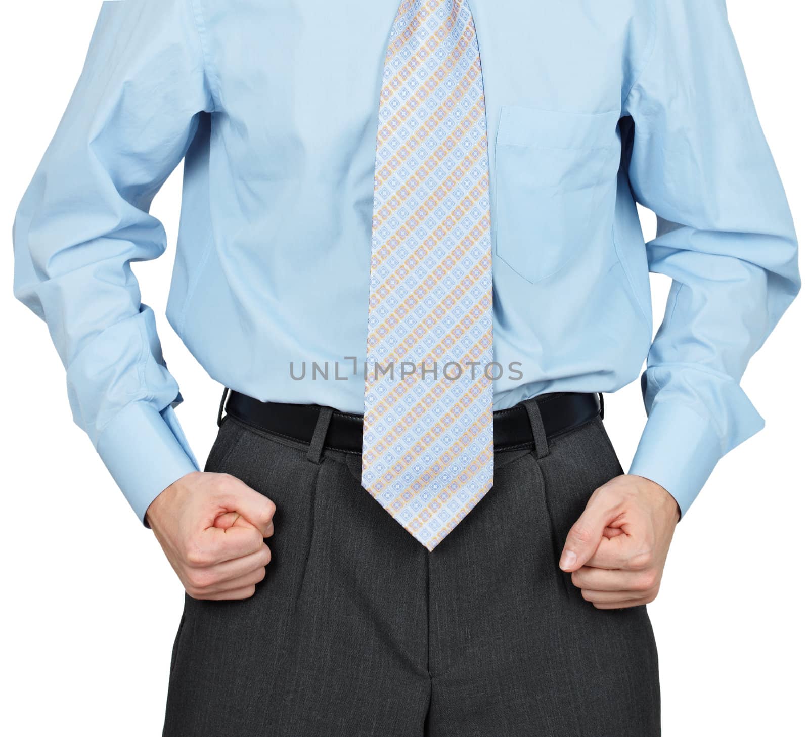 Hands of the young businessman clenched in fists on white