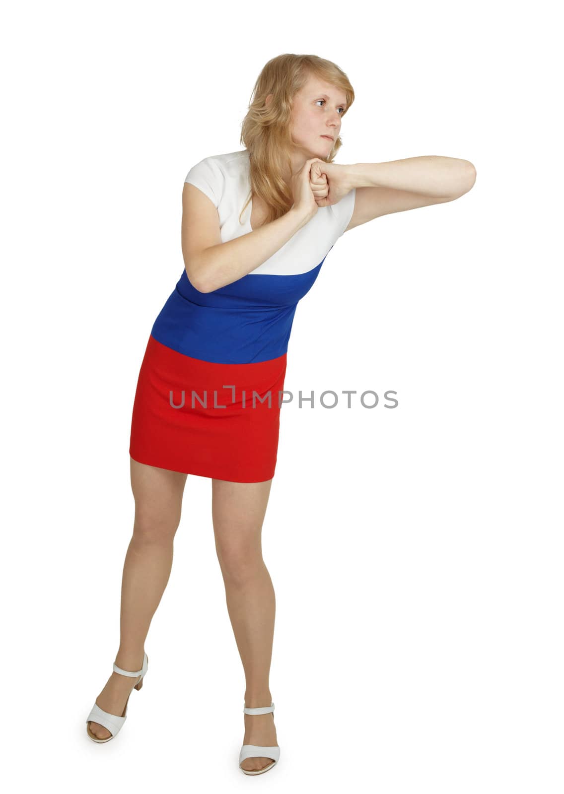 The young woman beats an elbow is isolated on a white background
