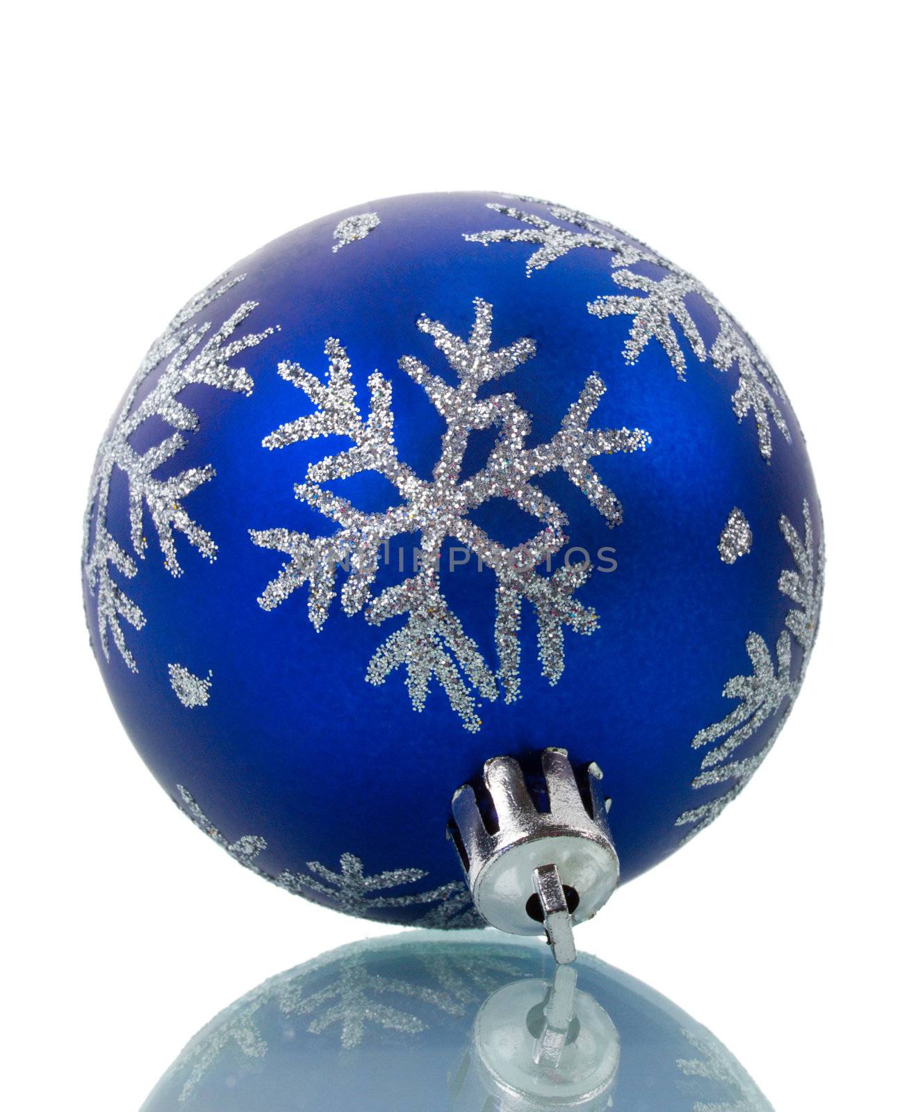 close-up christmas decoration with reflection, isolated on white