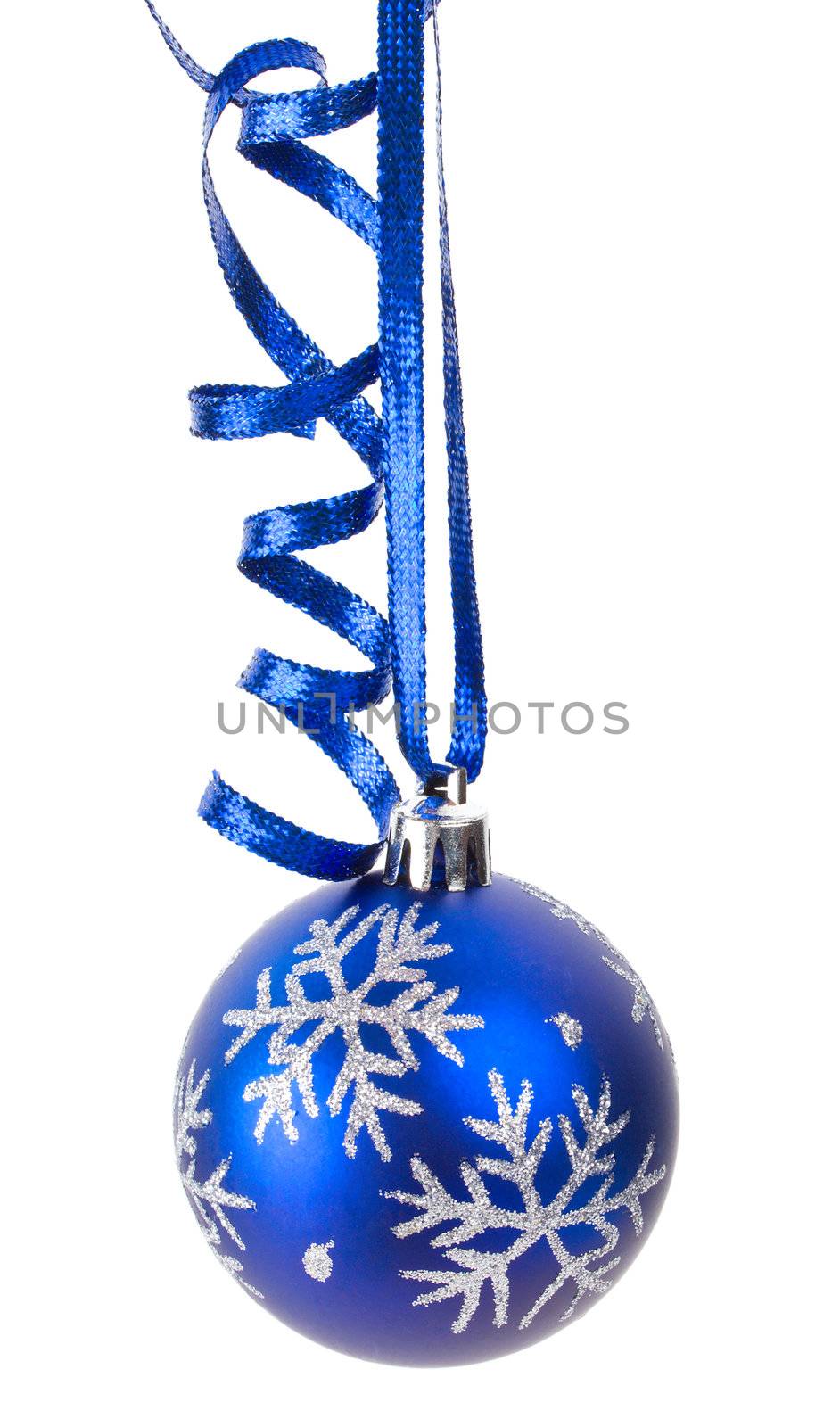 close-up christmas decoration with ribbon, isolated on white