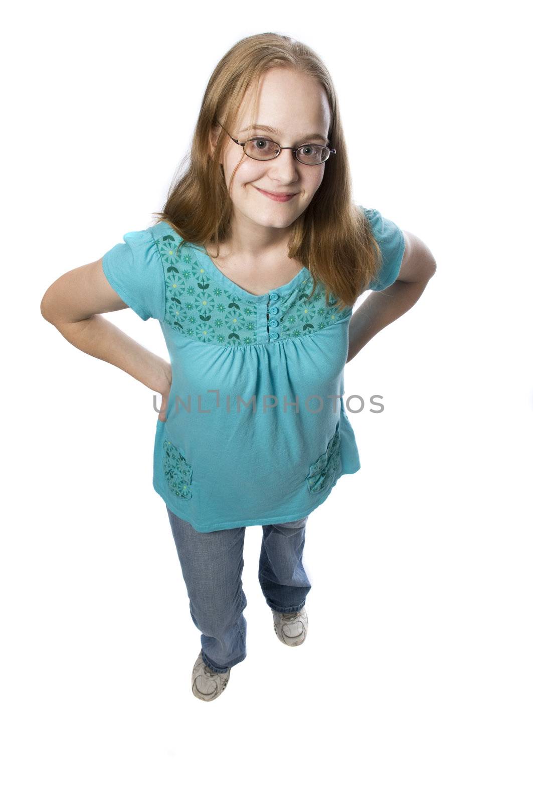 a young woman in casual dress on white background