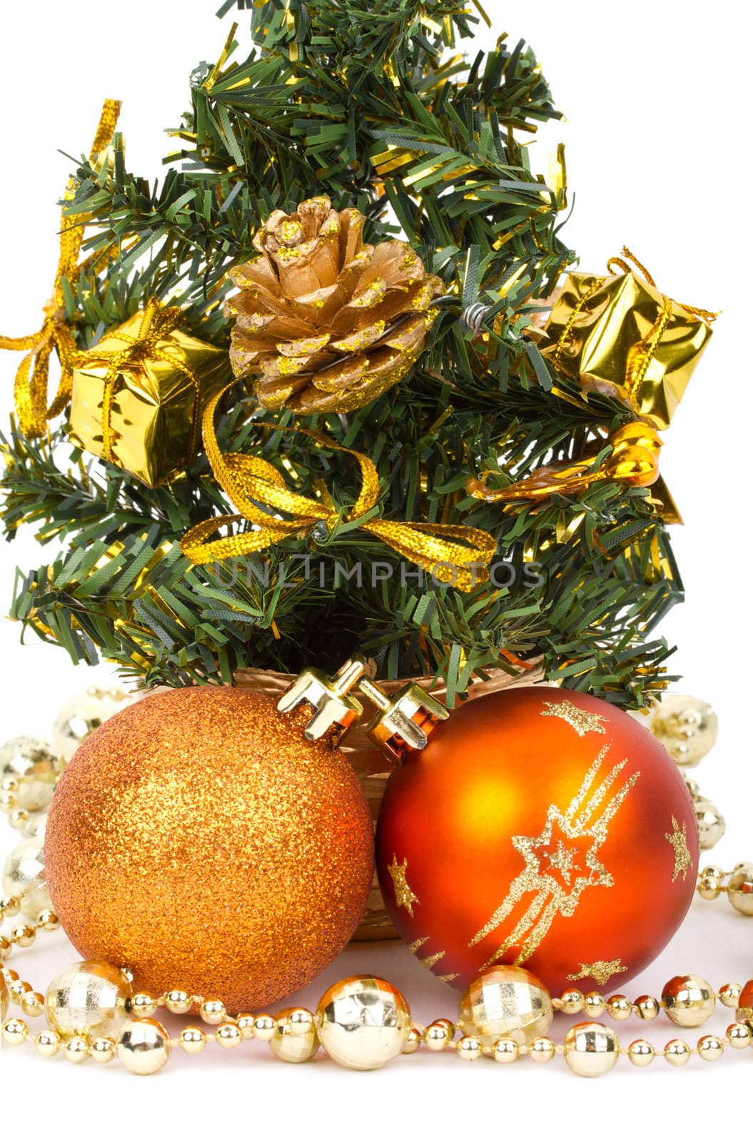 christmas decorations and fir tree, isolated on white