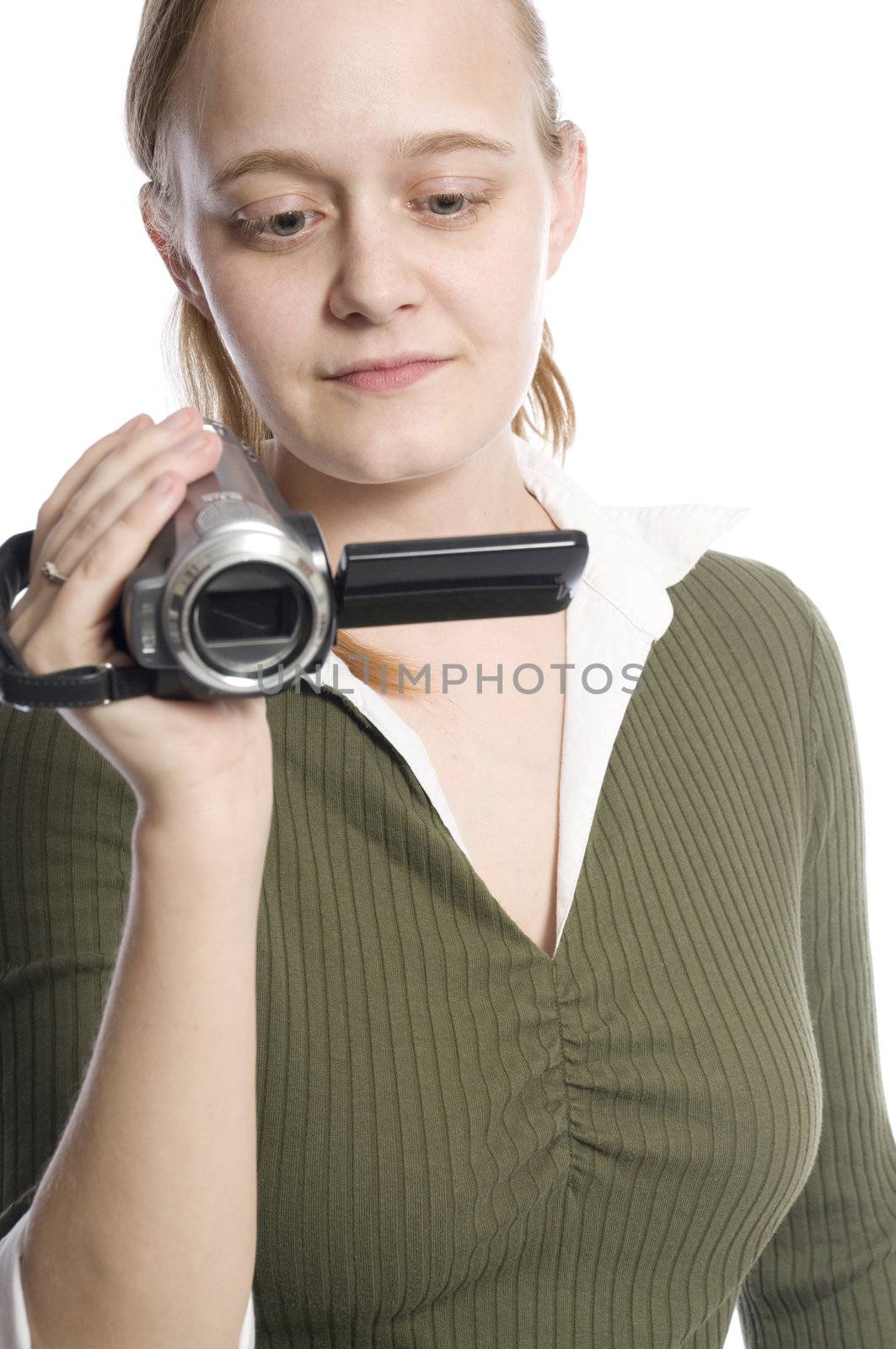 a young woman with video camera