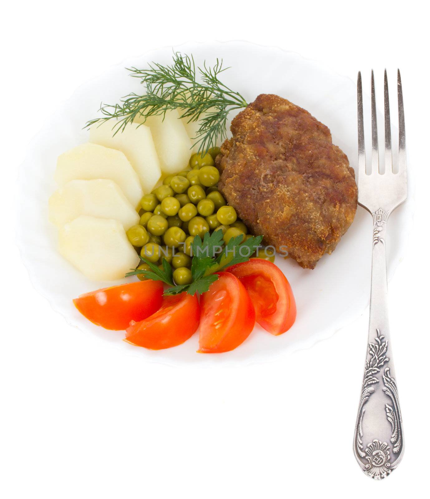 close-up schnitzel with vegetables, isolated on white