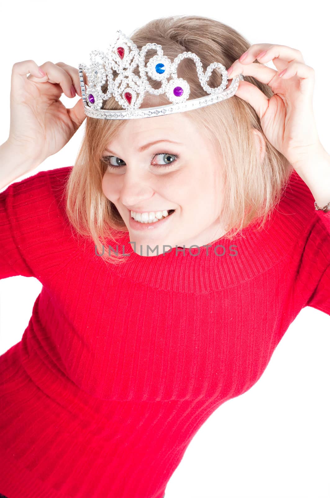 Portrait of beautiful woman with crown isolated on white