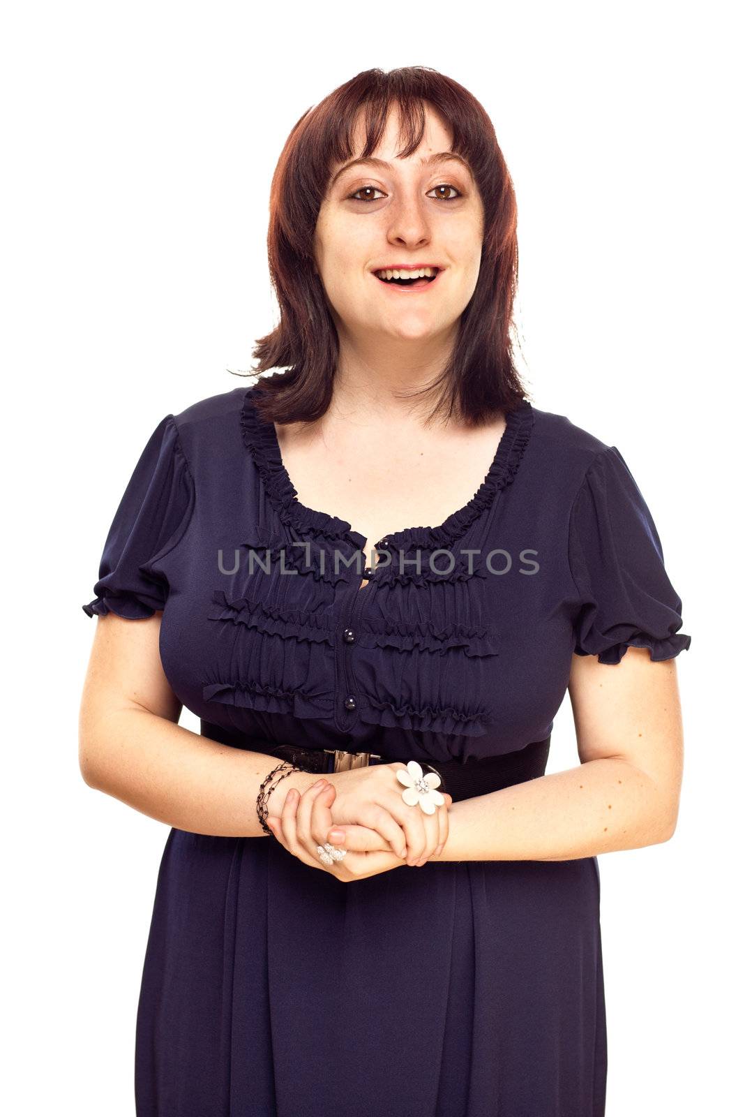 Happy Young Caucasian Woman with Hands Folded Smiling on a White Background.