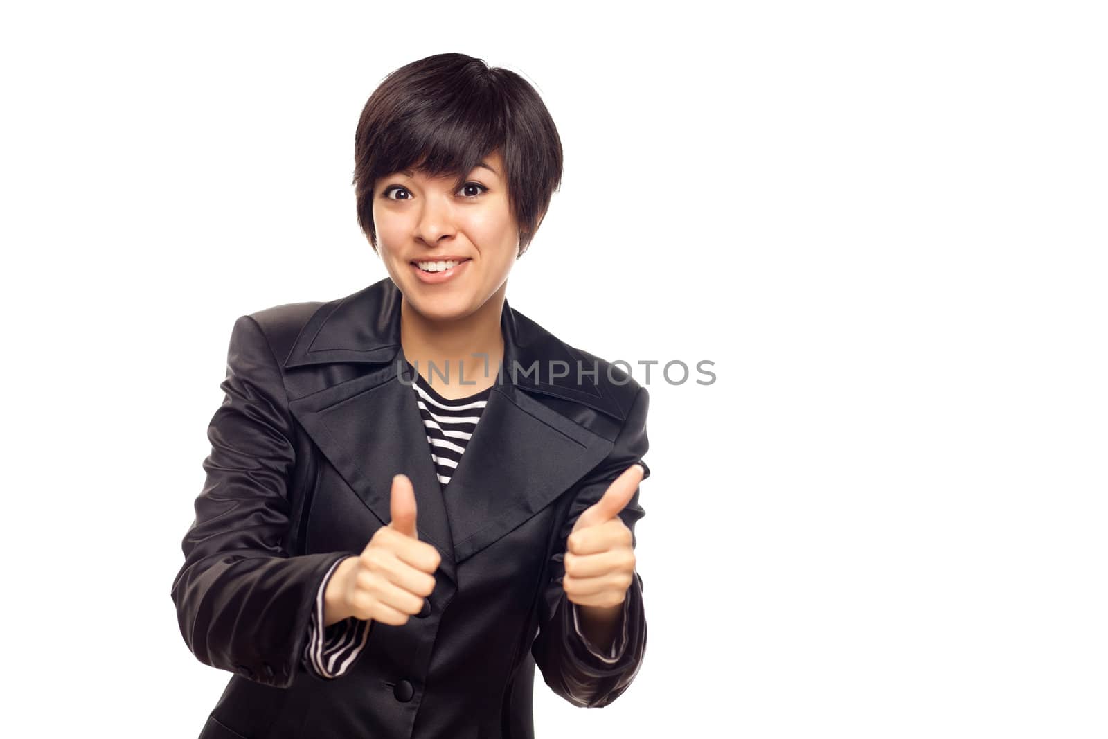 Happy Young Mixed Race Woman With Two Thumbs Up Isolated on a White Background.