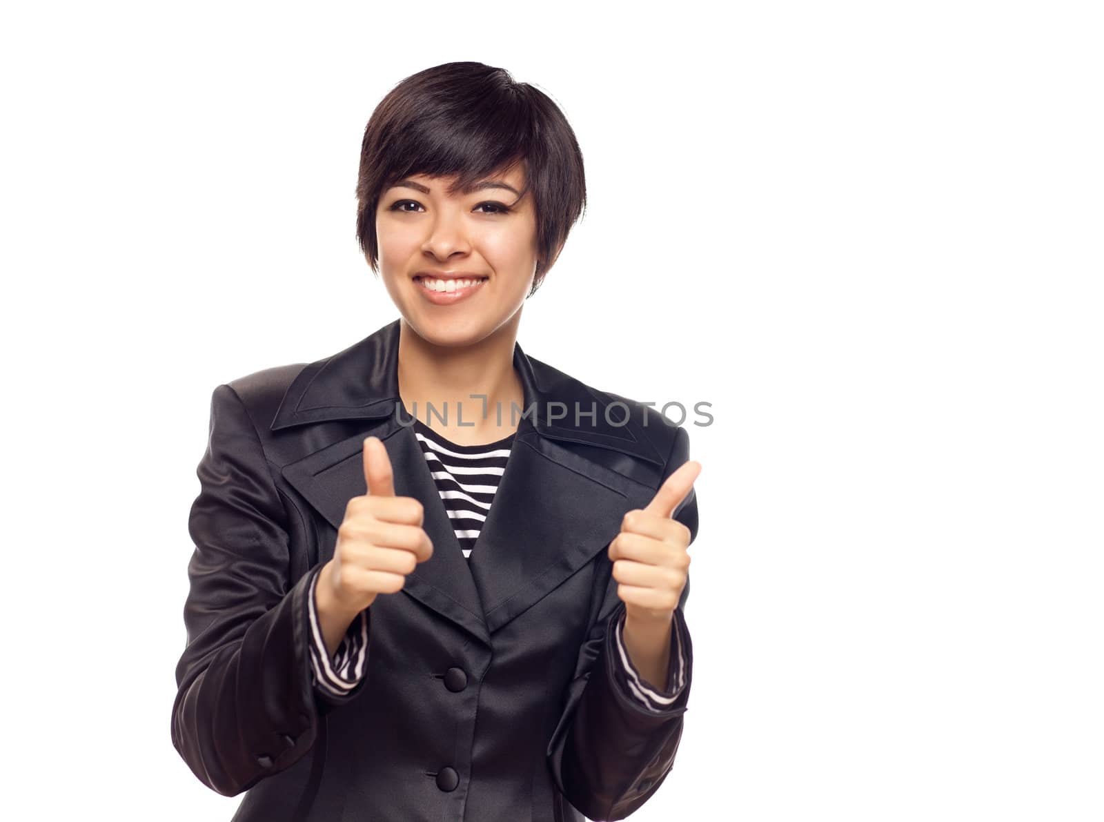 Happy Young Mixed Race Woman With Two Thumbs Up Isolated on a White Background.