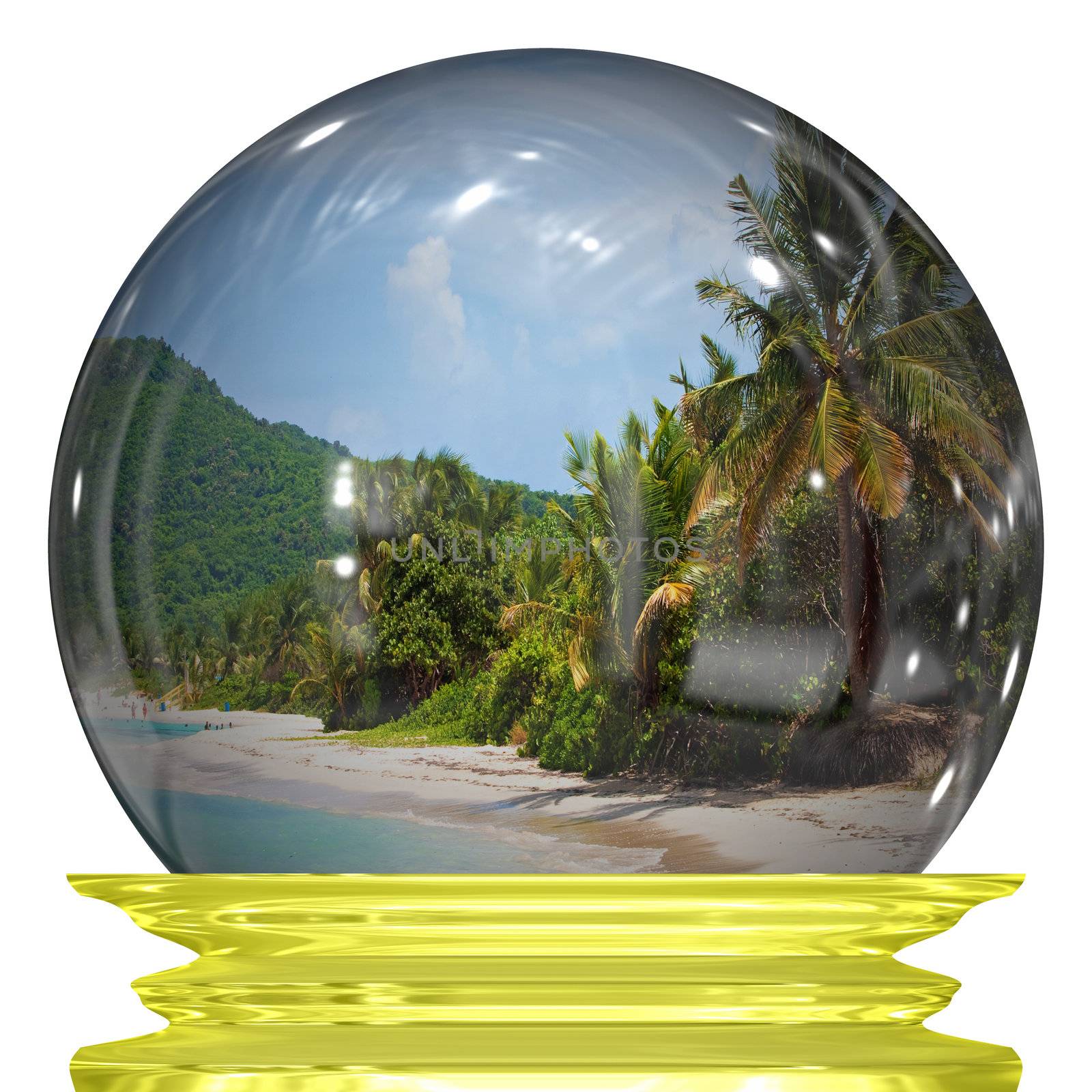 A snow globe with an image of a tropical caribbean beach in the middle.