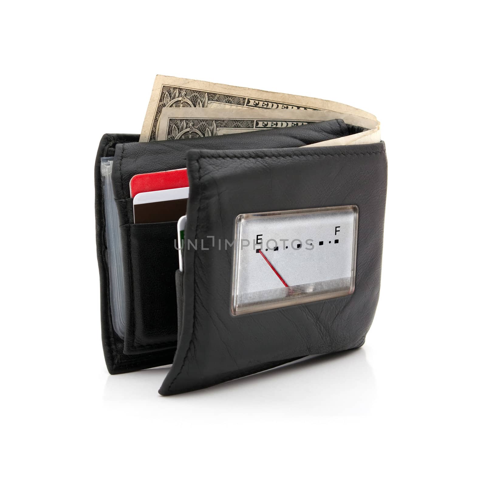 A black leather wallet with only two dollars left has a gauge on it with the needle pointing to E for empty.
