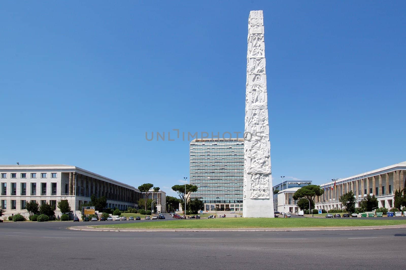 EUR Obelisk view, EUR zone Rome, Italy.