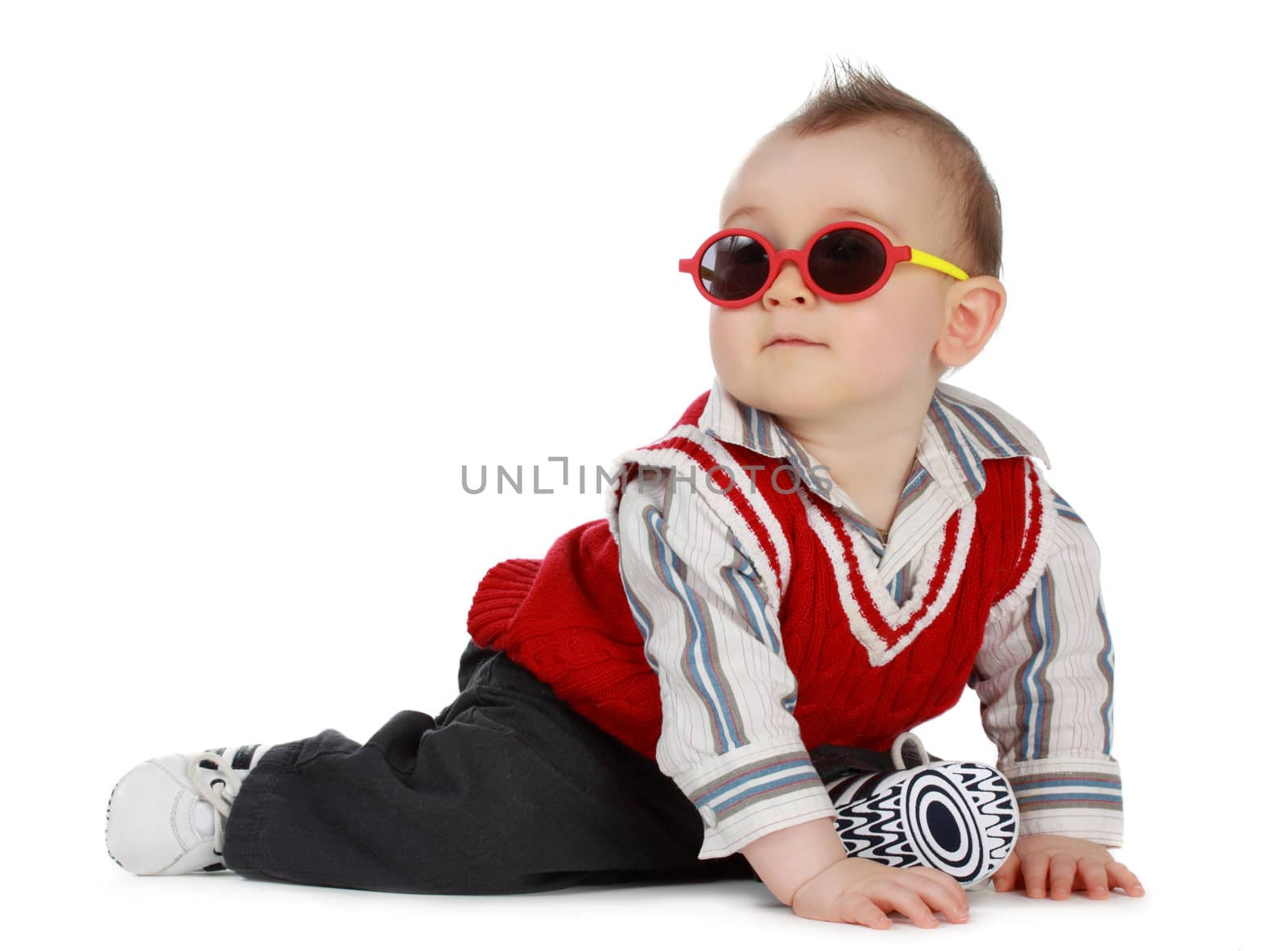 adorable 8 months cacasian baby boy with sunglasses