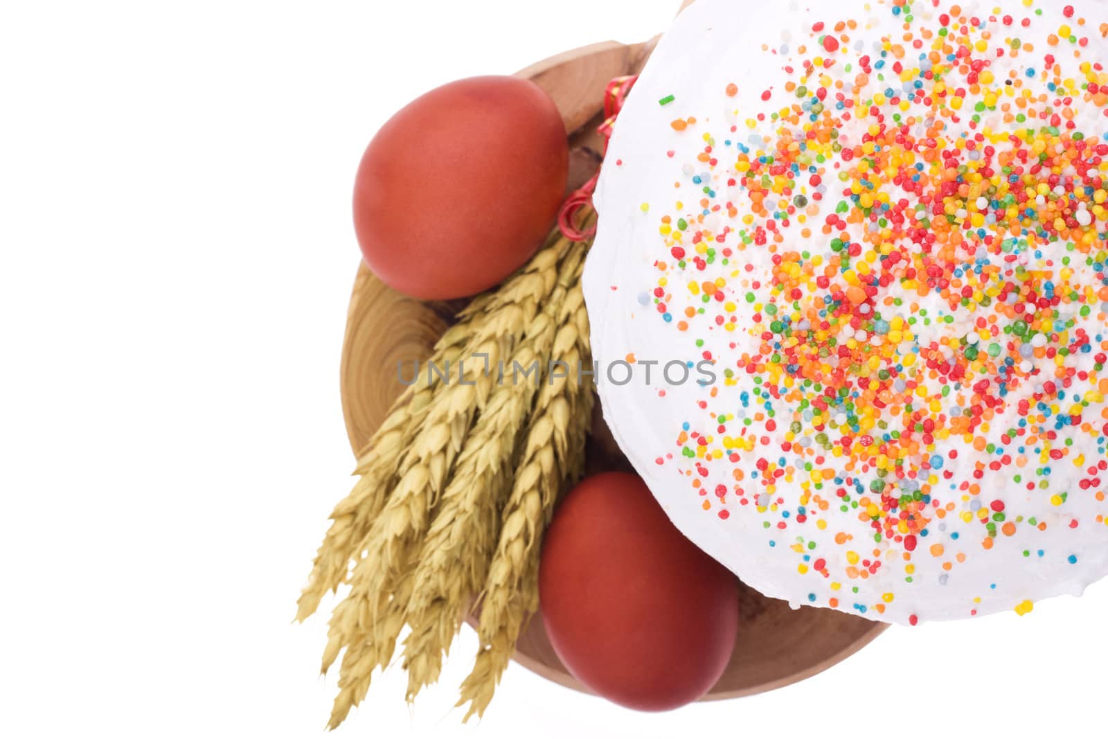 Delicious Easter Cake and Painted Egg isolated over white