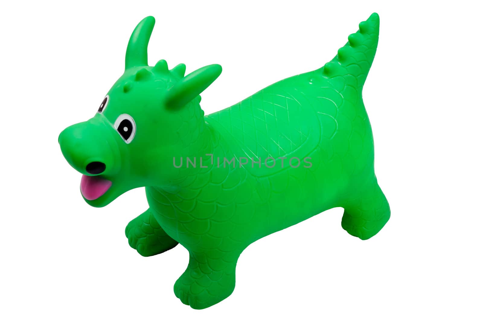 A green inflatable toy dragon for riding. Isolated on white