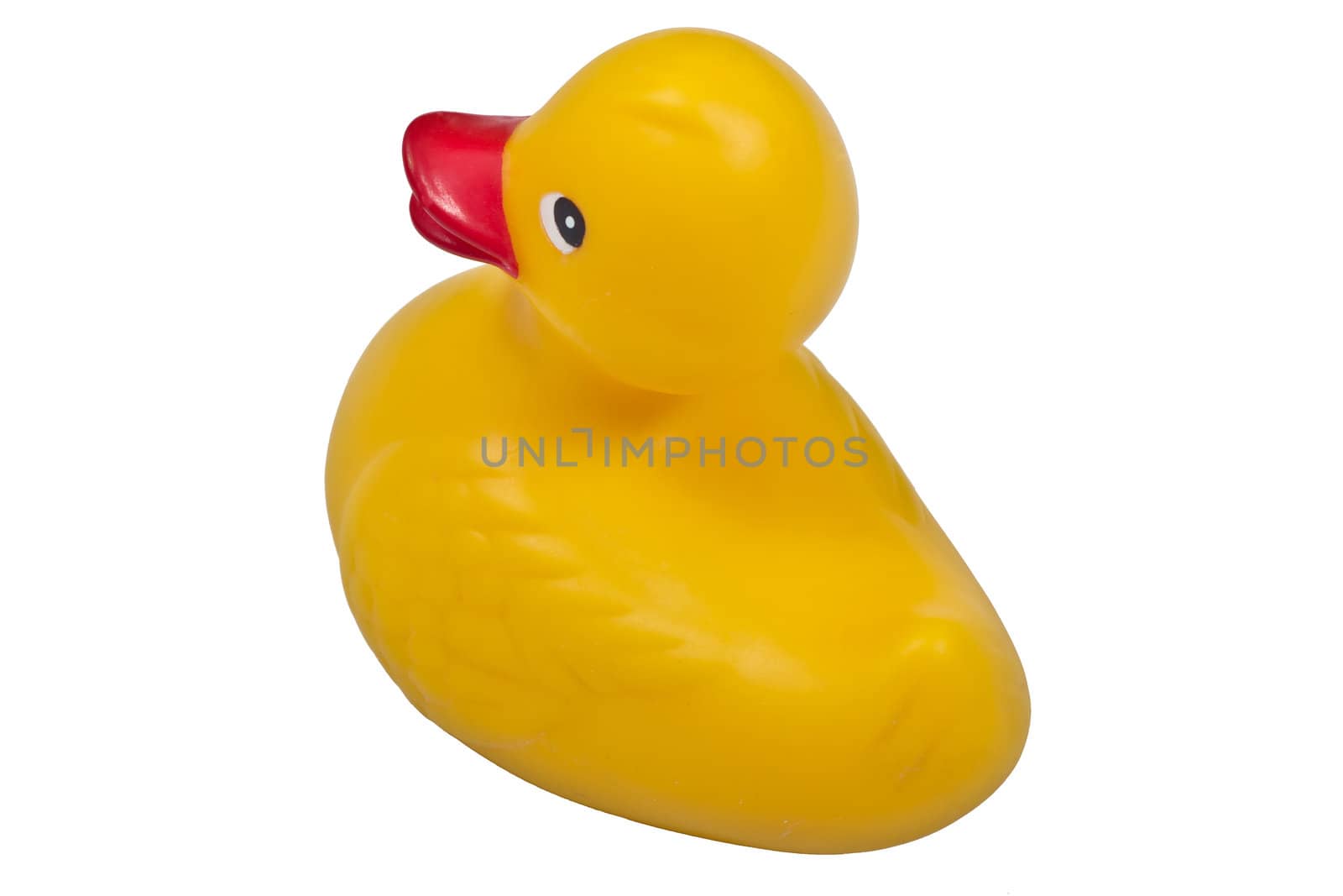 An yellow rubber duck isolated on a white background.