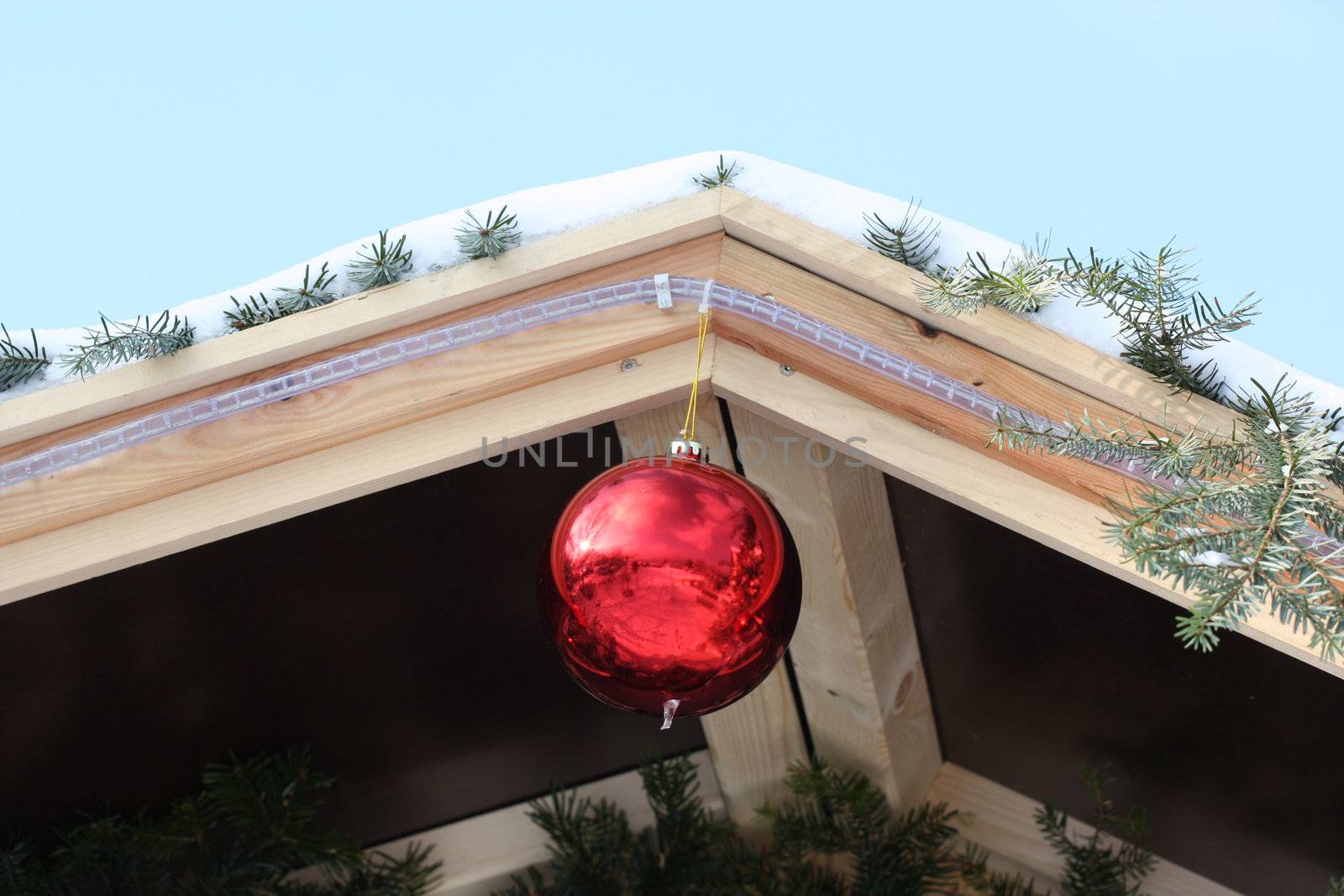 Red Bauble on Christmas Tree with Reflection