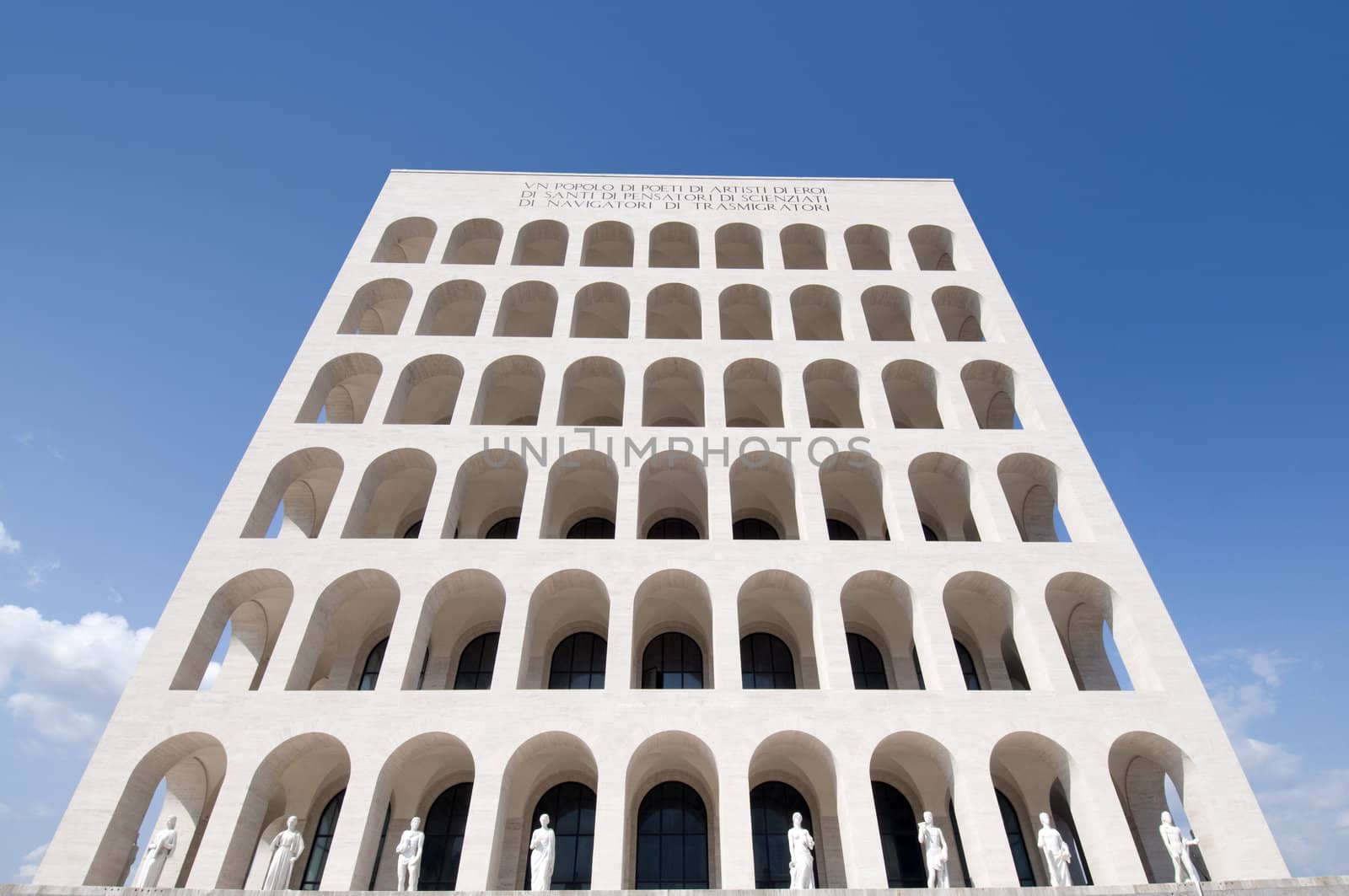 Squared colosseum view, EUR zone Rome, Italy. wide-angle perspective.