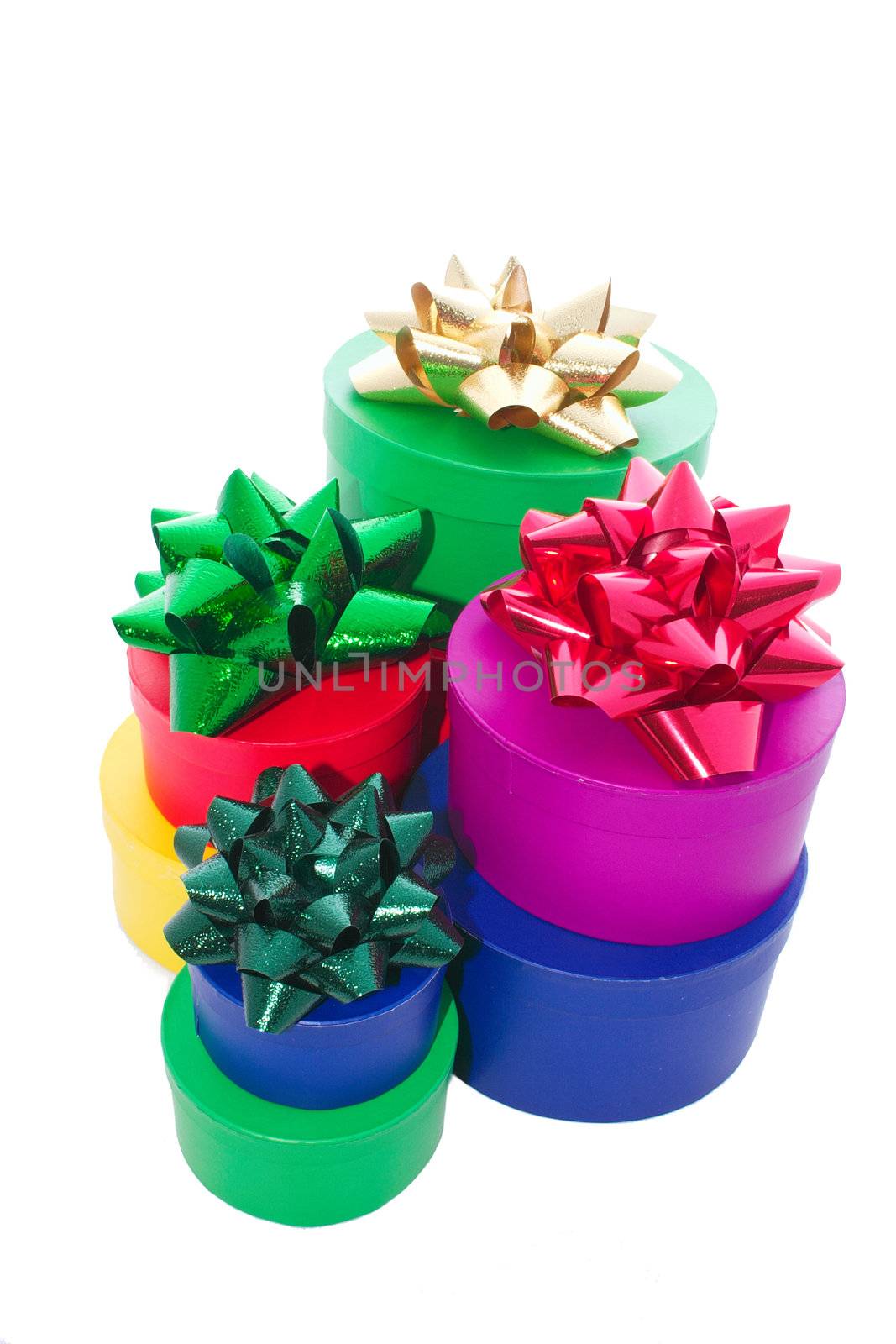assorted stacked gift boxes and ribbons isolated