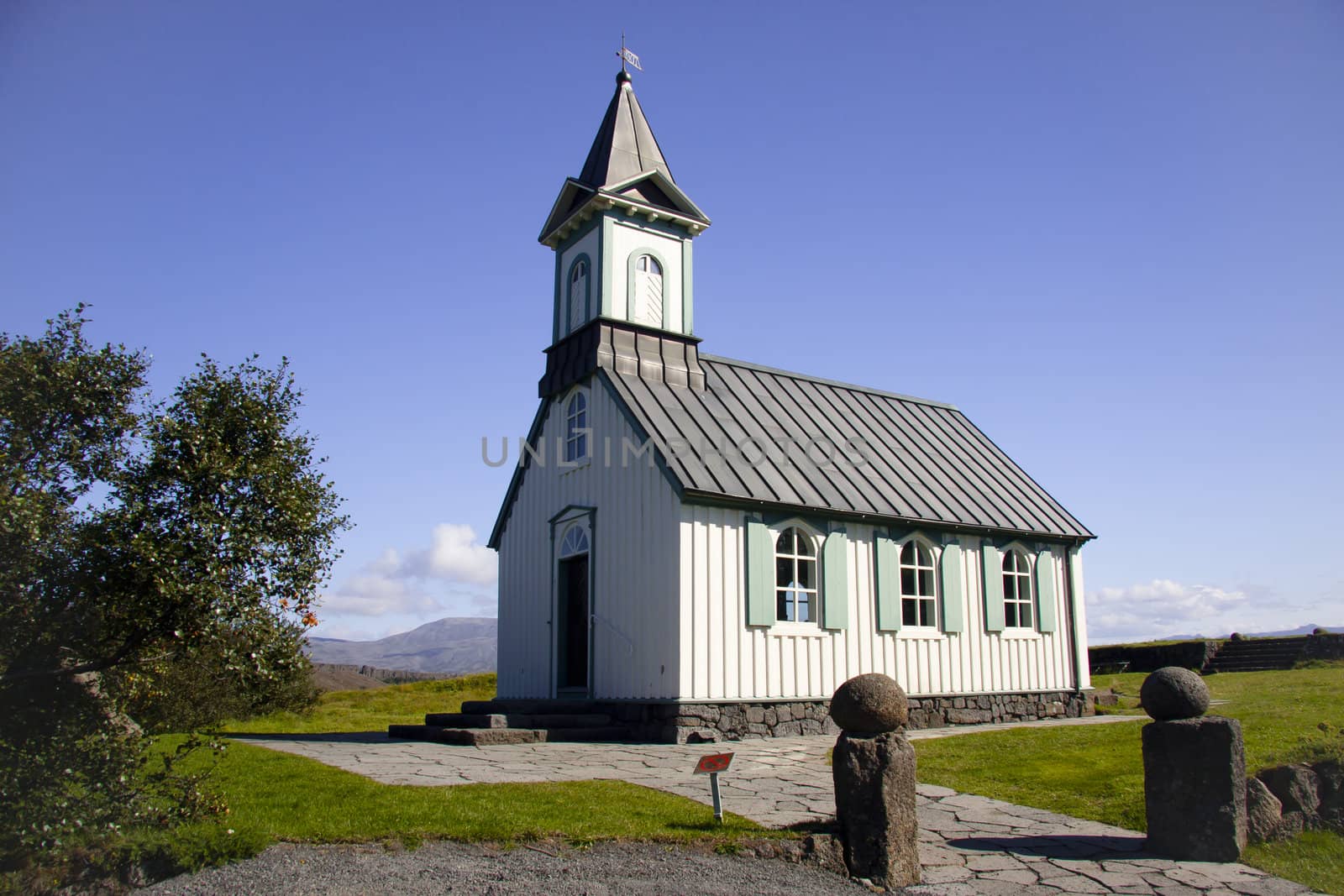 White church in Thingvellir summer time. Iceland.