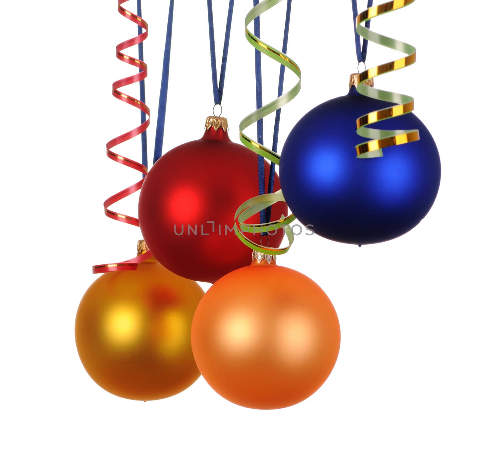 multicoloured christmas decorations with ribbon isolated on white background