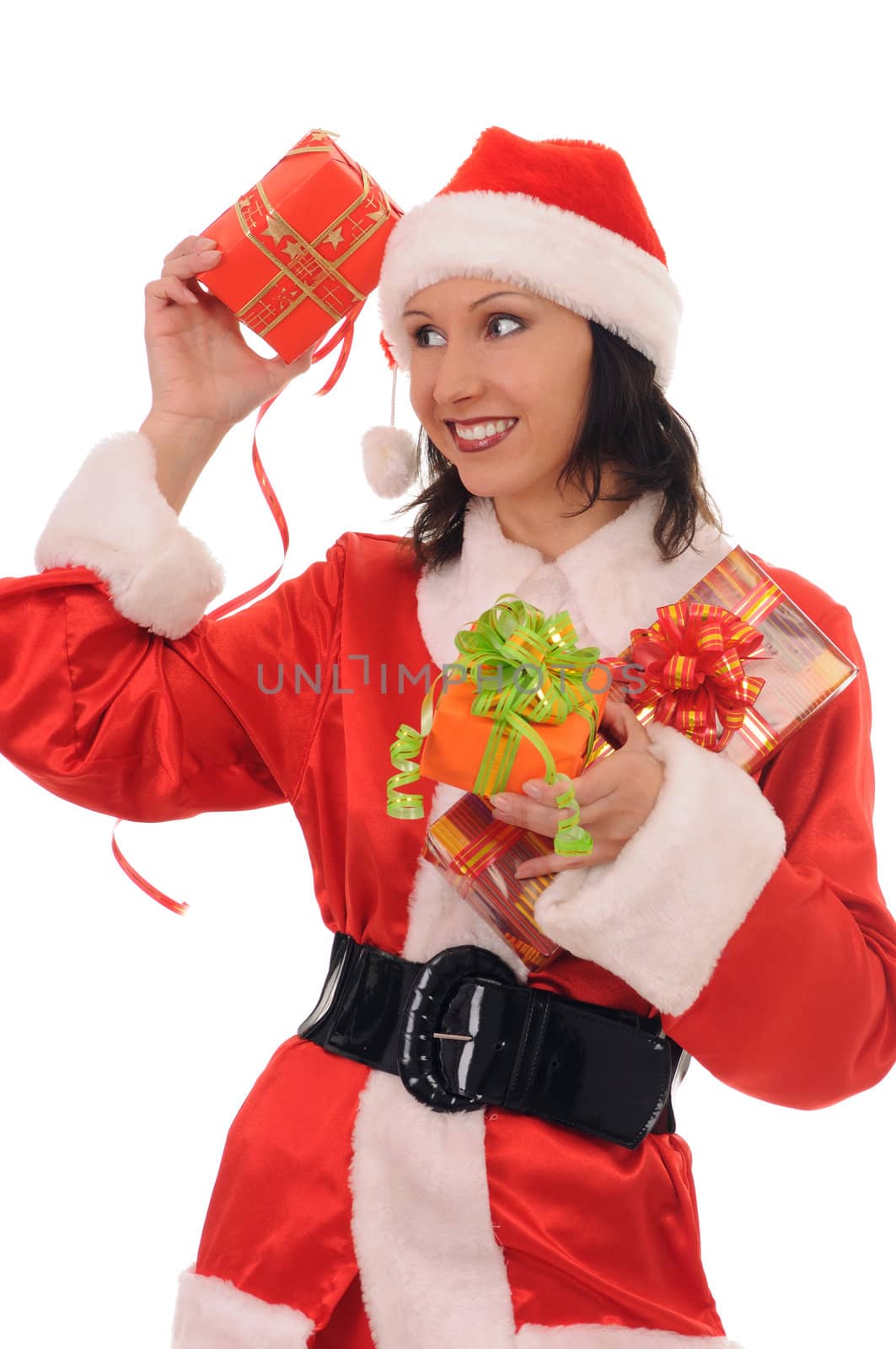 santa woman with gift isolated on white background