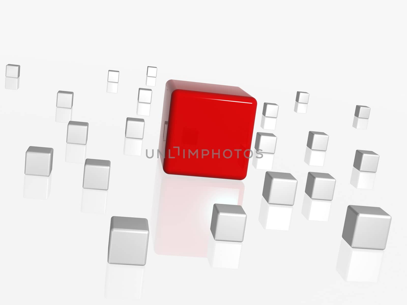 group of 3d white-grey cubes with one big red in the middle