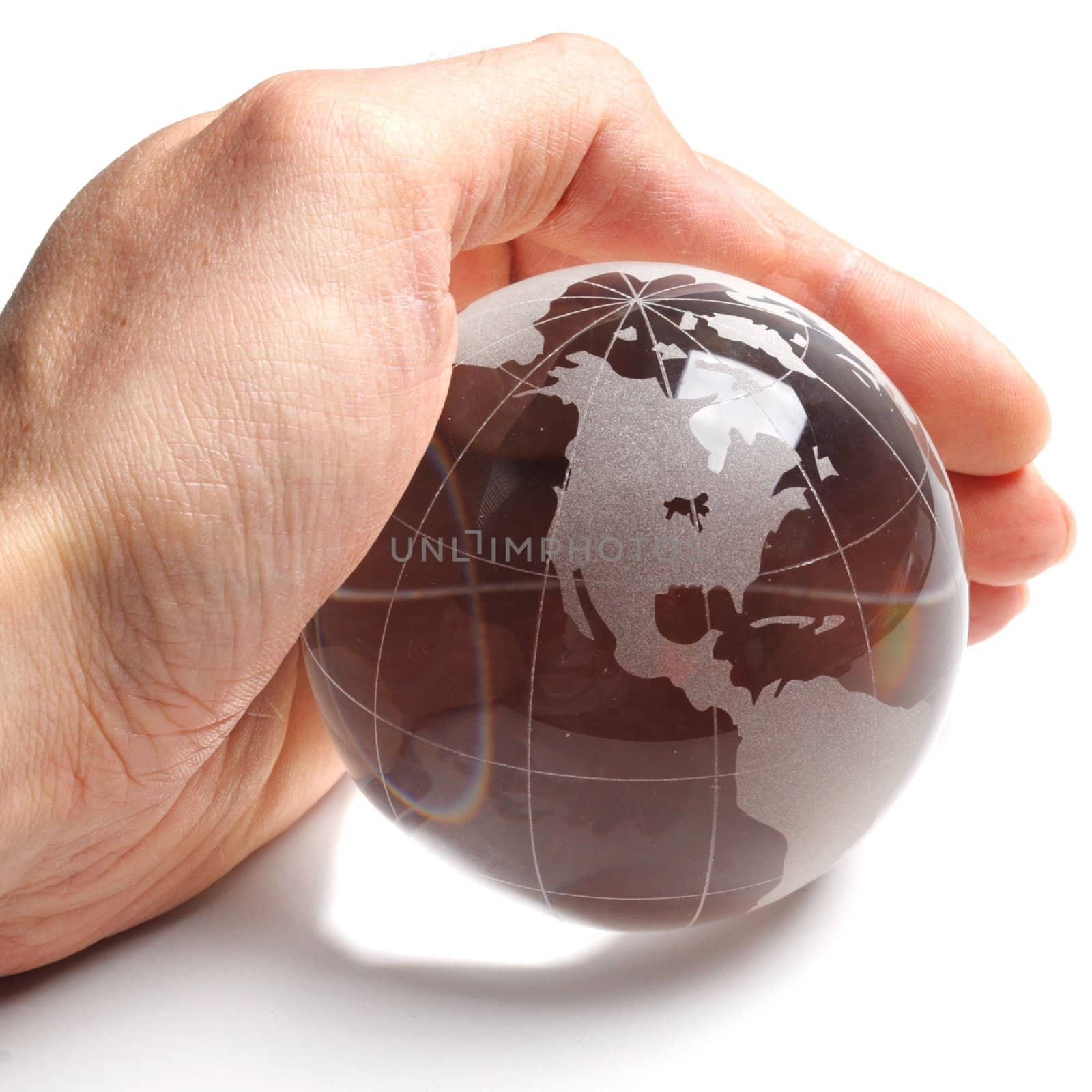 ecology concept with hand and glass globe isolated on white background