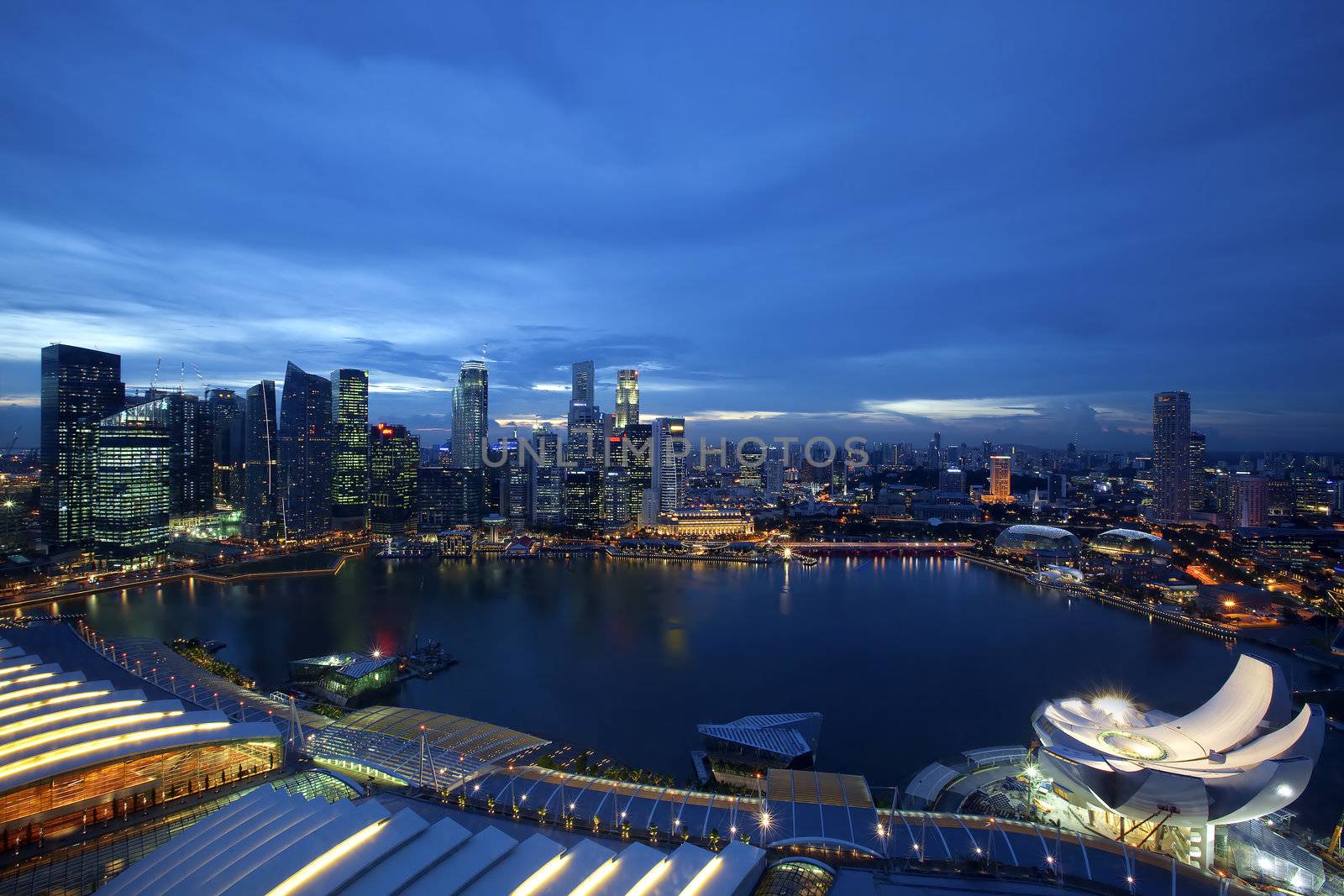 Night scene of financial district,Singapore. From the river.